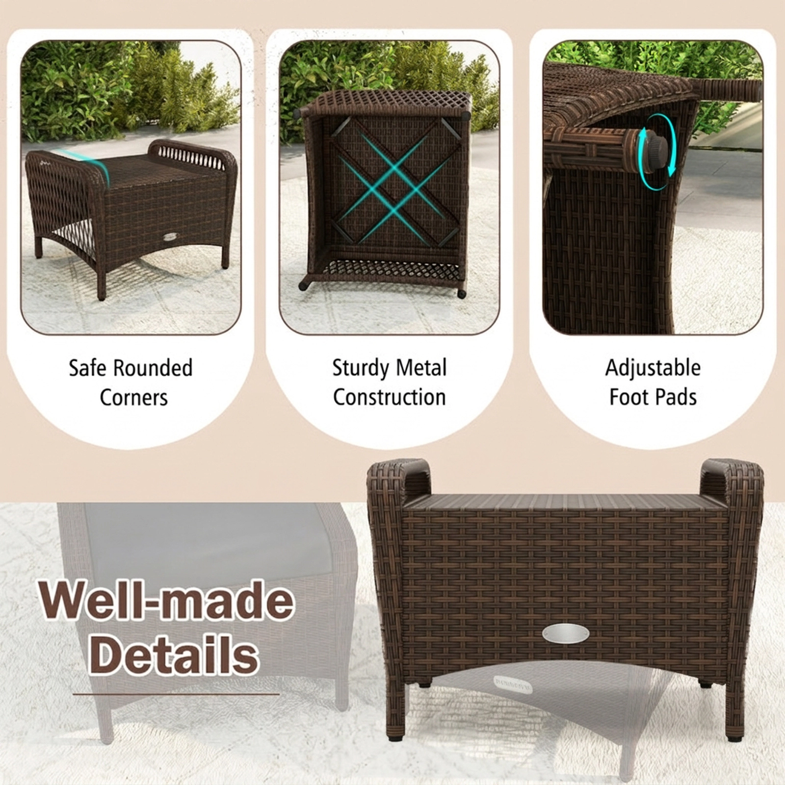SUGIFT Removable Cushions Set of 2 Outdoor Patio PE Wicker Ottomans
