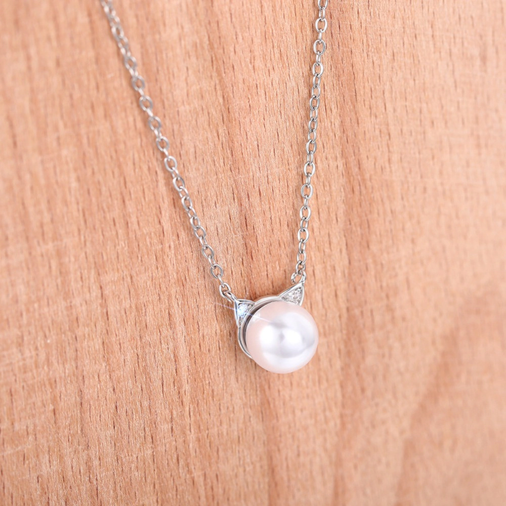Wardrobe Whimsy Dainty Cat Ear Imitation Pearl Pendant Necklace Cute Animal Jewelry