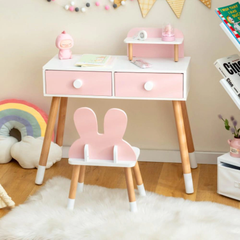 Hivvago Kids Vanity Table And Chair Set With Drawer Shelf Rabbit Mirror