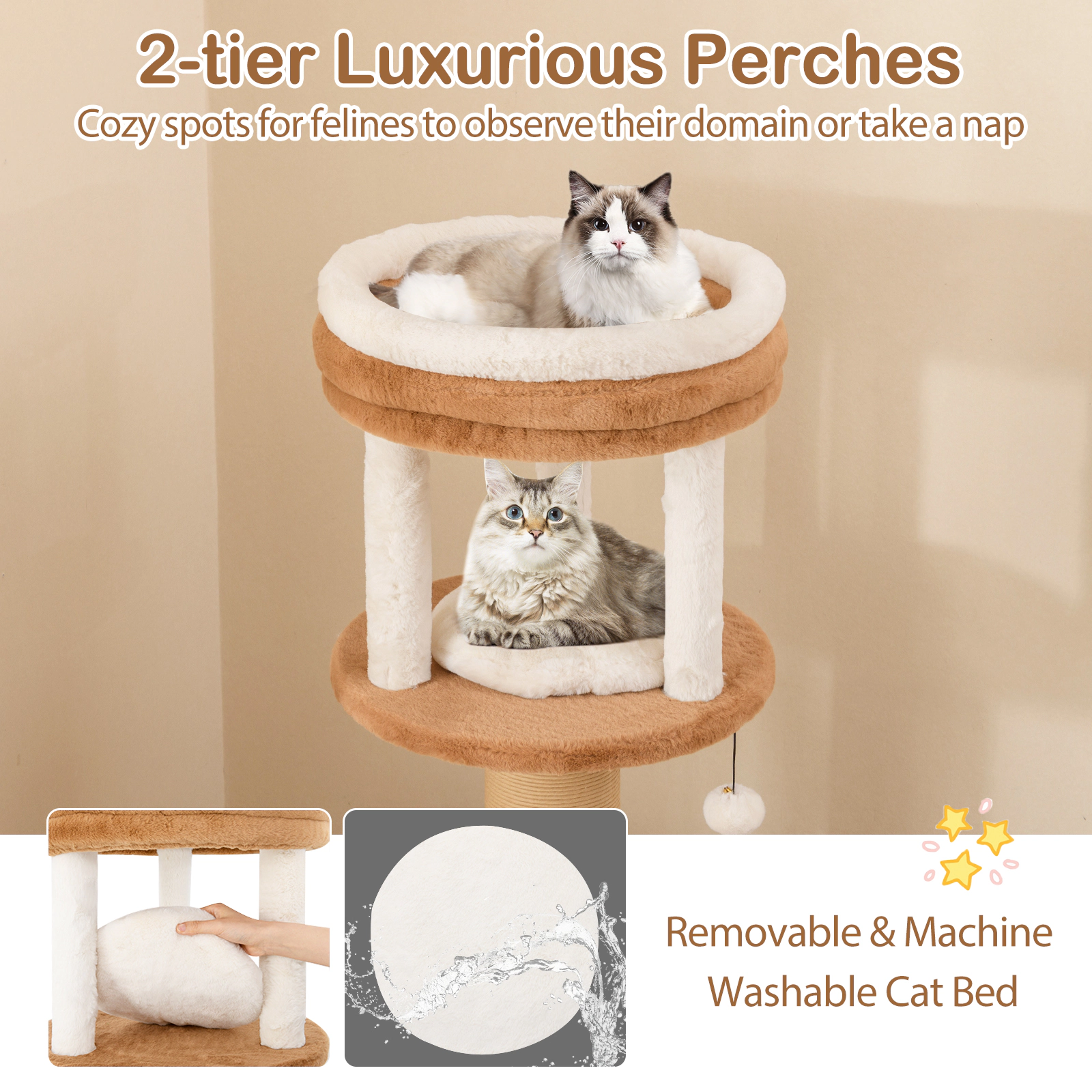 SUGIFT 65-in Tall Cat Tree with Self-groomer and Removable Cat Bed 33-lb Capacity Caramel and White