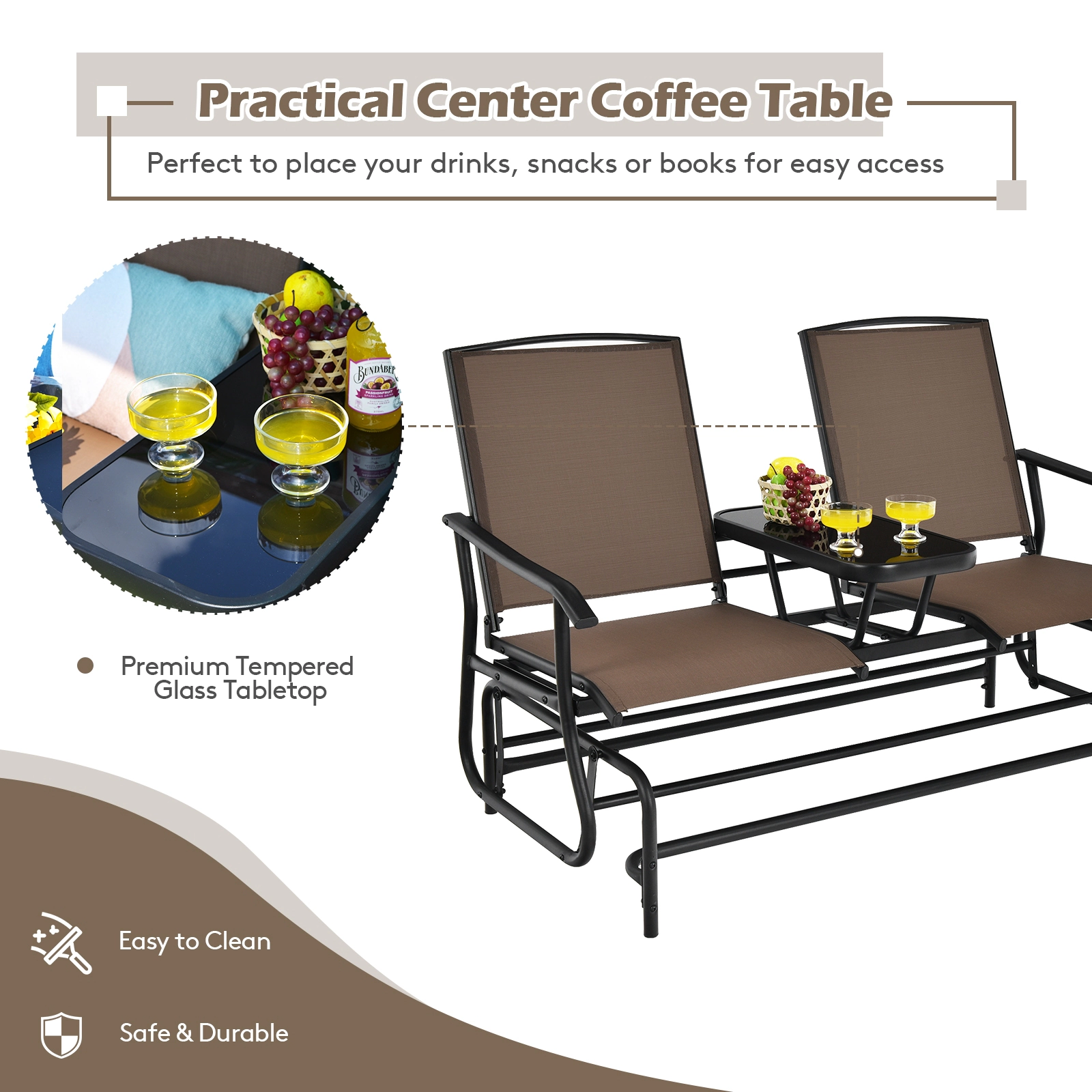SUGIFT 2-Person Rocking Loveseat Glider Conversation Set Center Tempered Glass Table 530-Lb Capacity 57-in Wide Brown