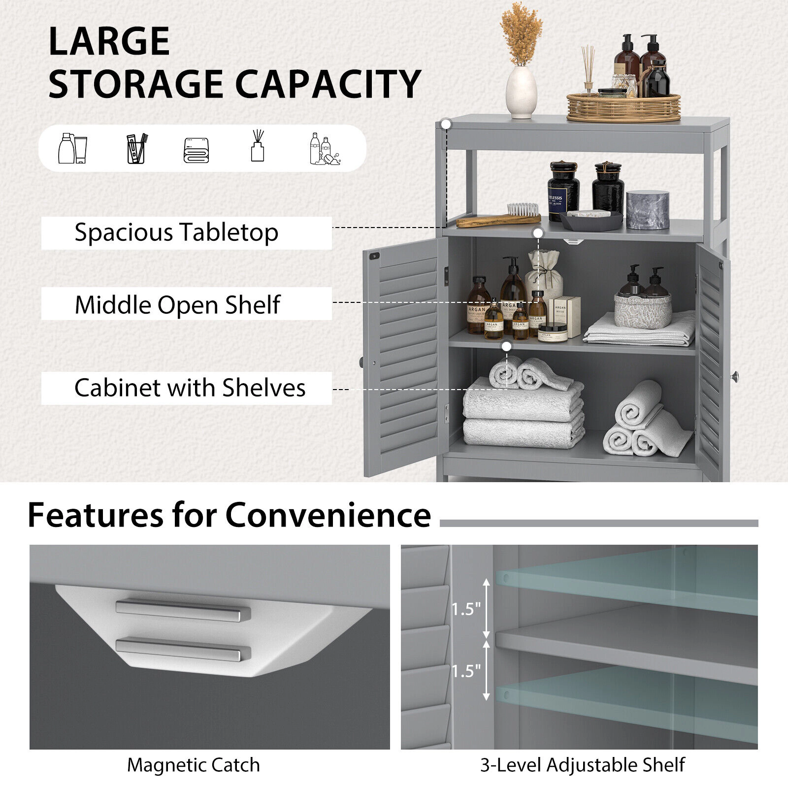 SlickBlue Bathroom Floor Cabinet with Shutter Doors and Storage