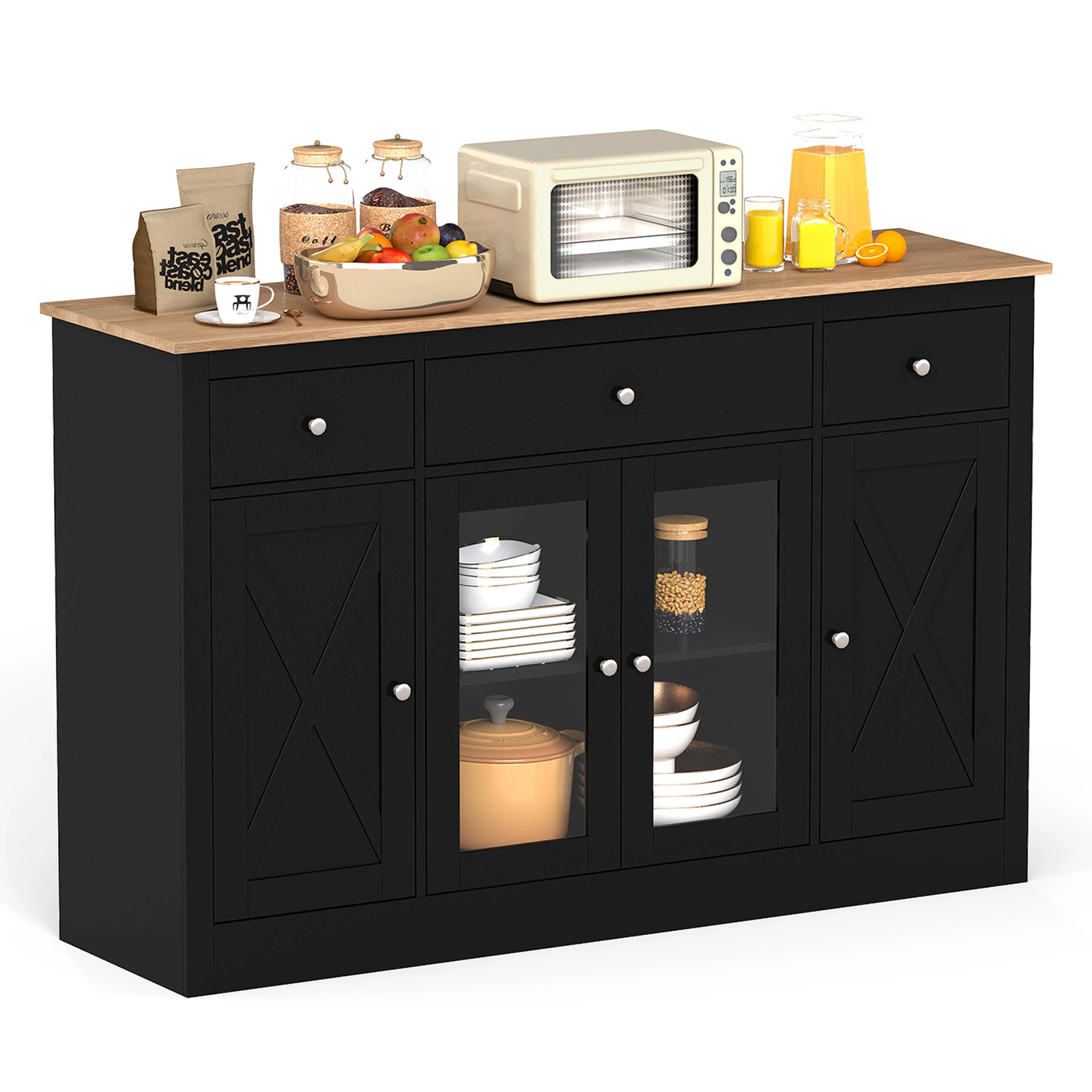 LJG 55" Buffet Sideboard Kitchen Storage Cabinet with 3 Drawers, 2 See-Through Doors and Adjustable Shelves