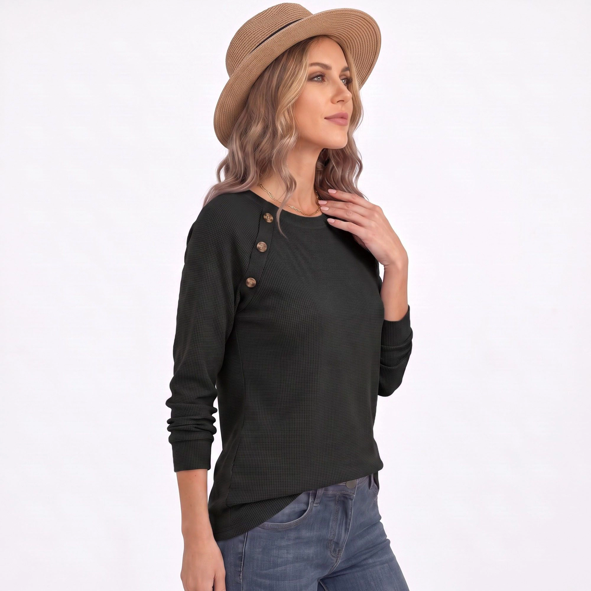 Anna-Kaci Women's Waffle Knit Button Shoulder Raglan Long Sleeve Top
