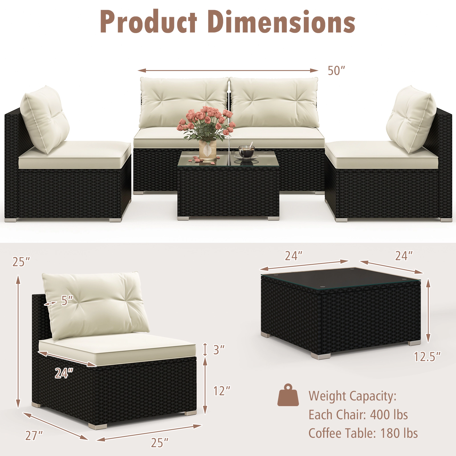 SUGIFT 5-Piece Outdoor Sectional Patio Furniture Set Cushions & Coffee Table 400-lb Chair Capacity Black & Off White