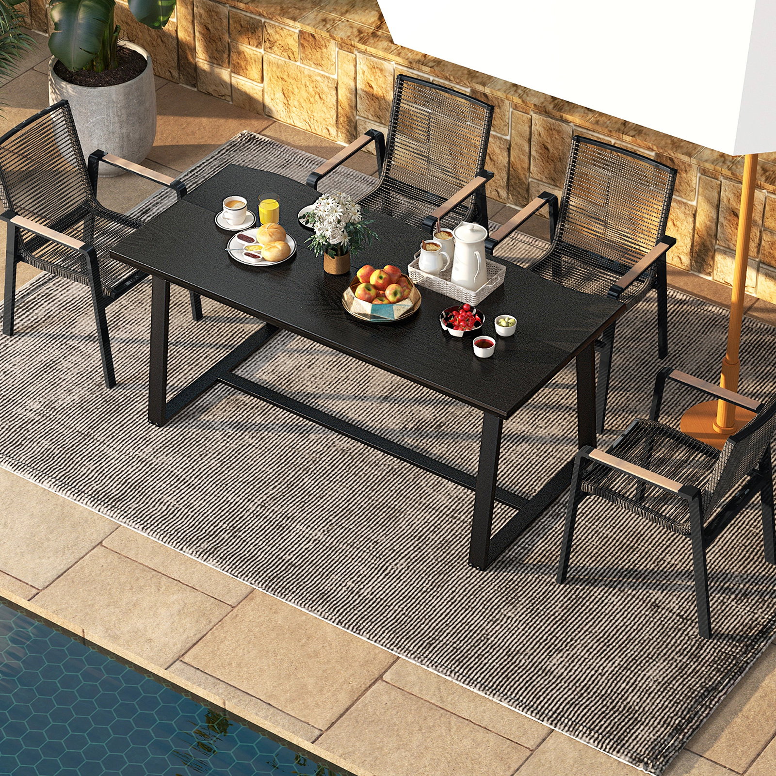 LJG 63" Large Dining Table with Wavy Edge and Heavy-Duty Metal Frame