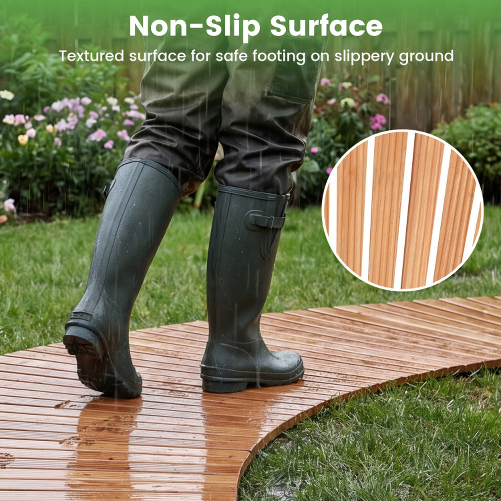 SUGIFT 7-ft Natural Fir Wood Roll-Up Garden Pathway with Anti-Slip Textured Surface and 17-in Width