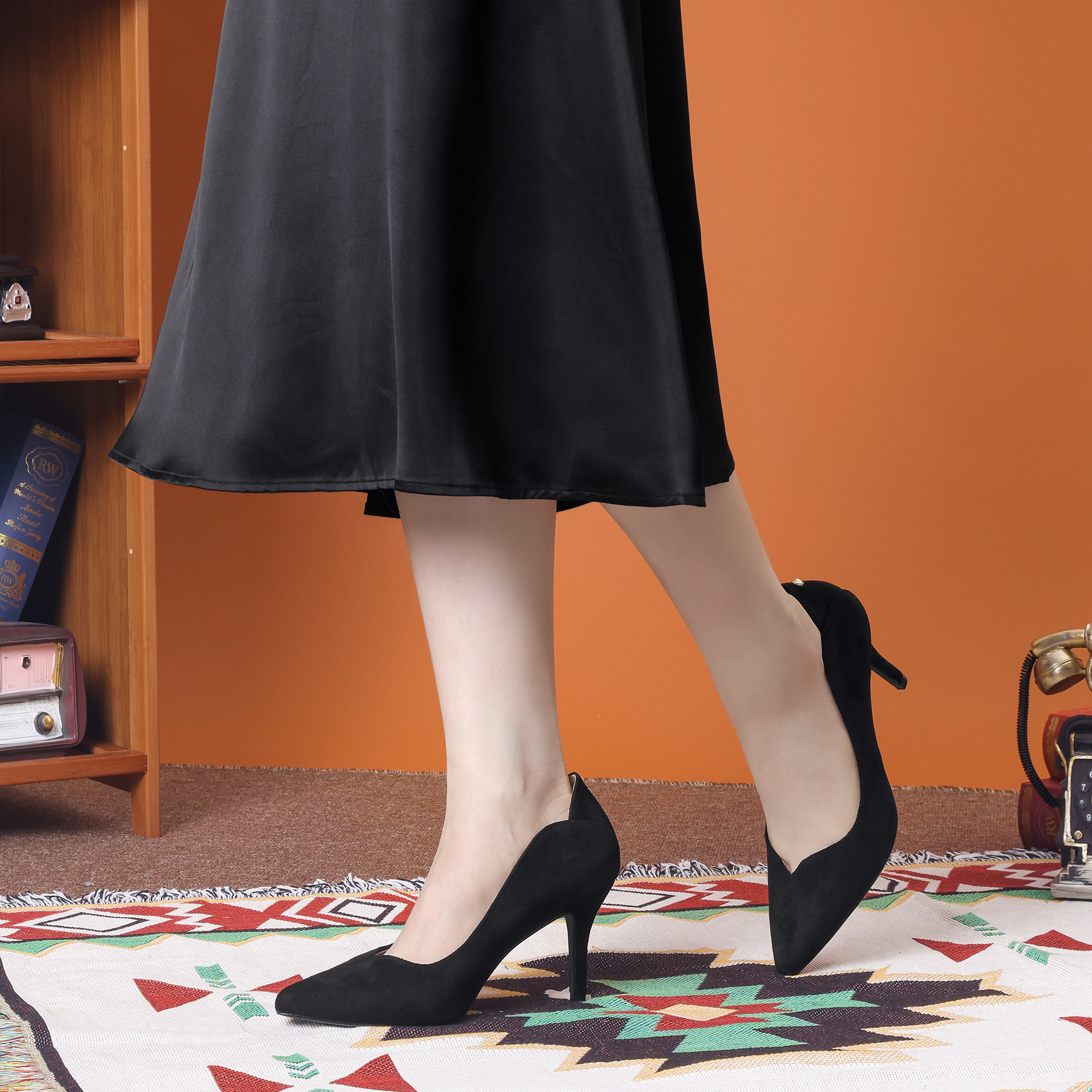 BLISSFUL STEP Women Faux Suede Pointed Toe Stiletto Heels Slip-on Pumps
