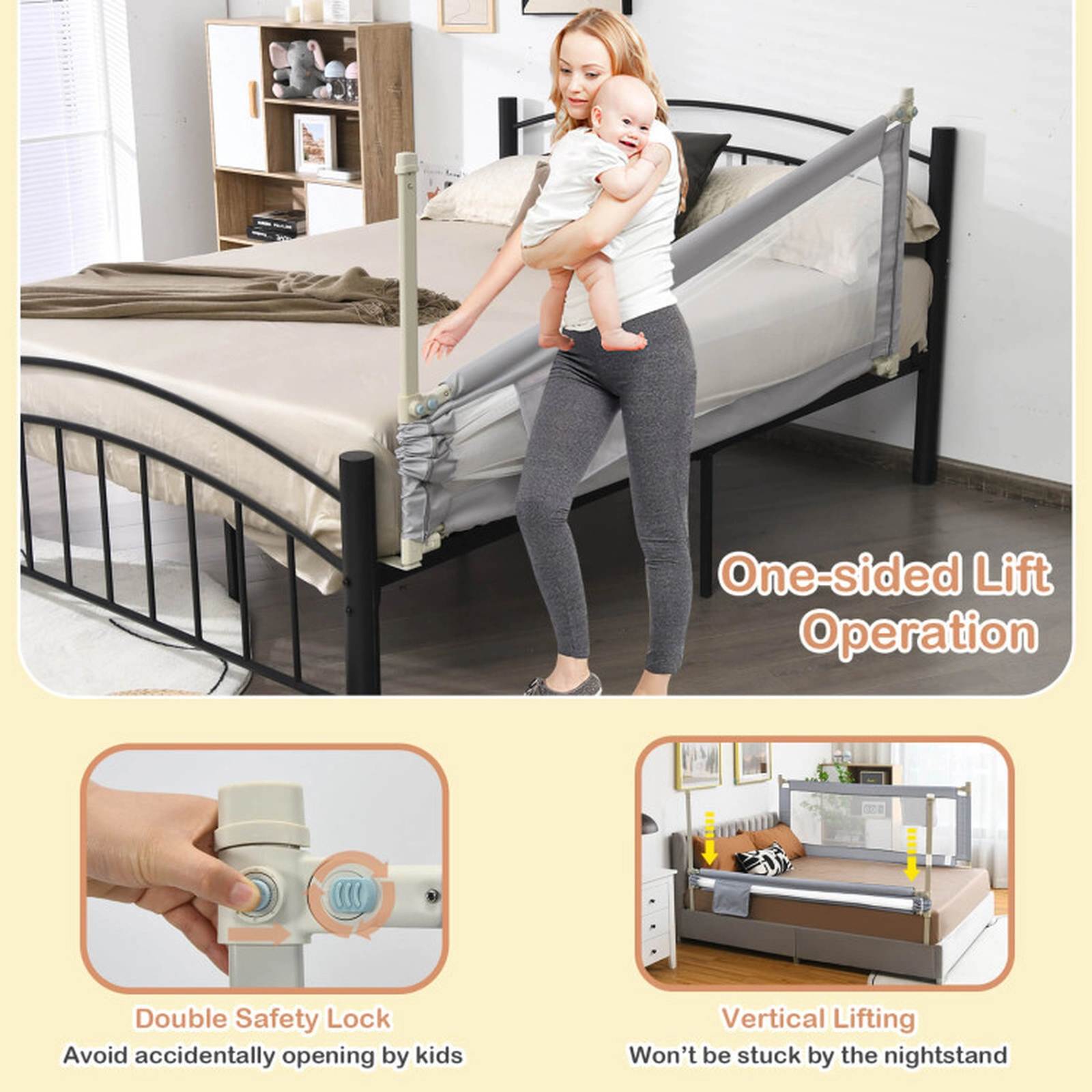 SUGIFT Toddler Vertical Lifting Double Safety Lock 24-Level Adjustable Baby Bed Rail 76.8-in x 9.6-in x 28.5-in Gray