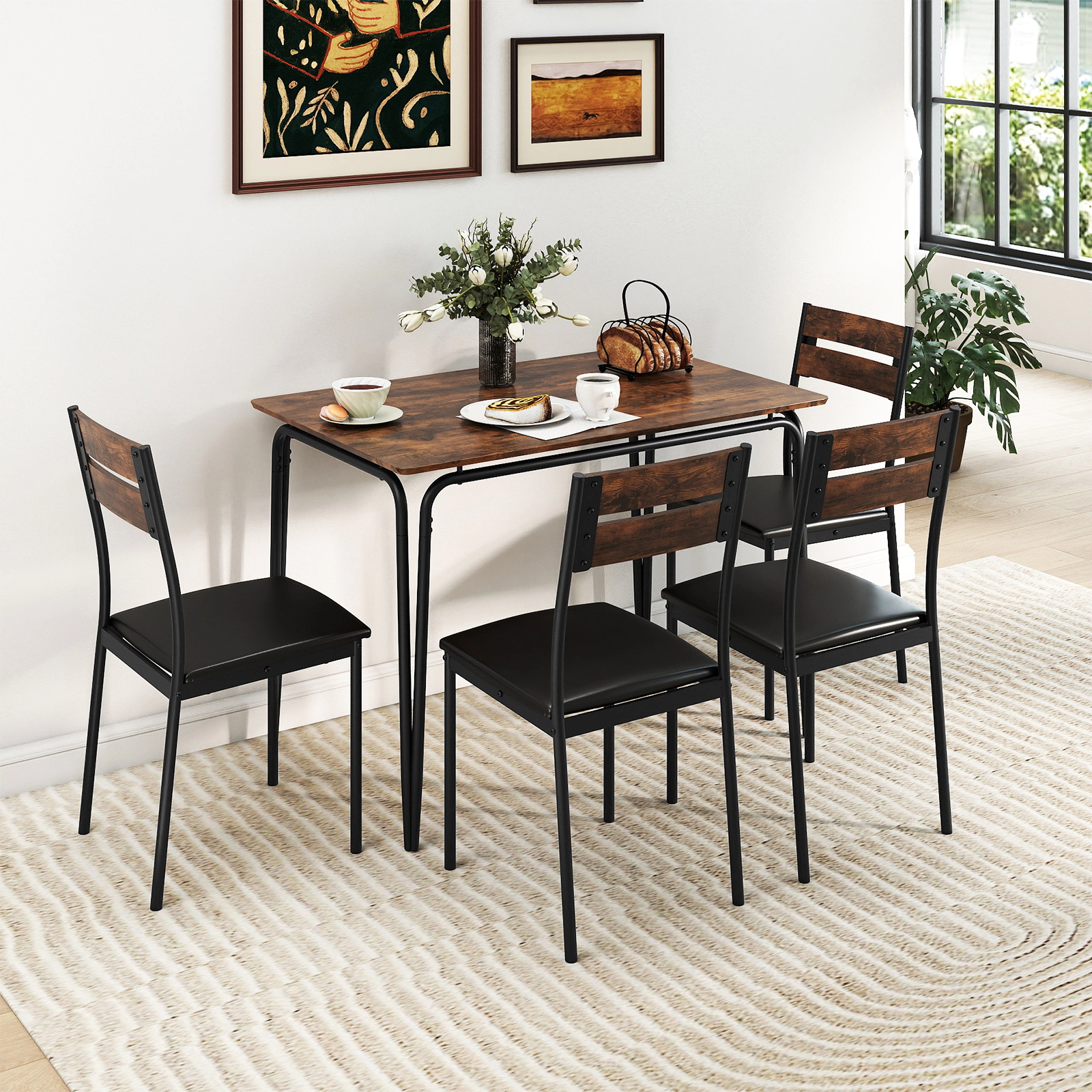 LJG 5-Piece Dining Table Set Industrial Rectangular Kitchen Table and 4 Armless Chairs