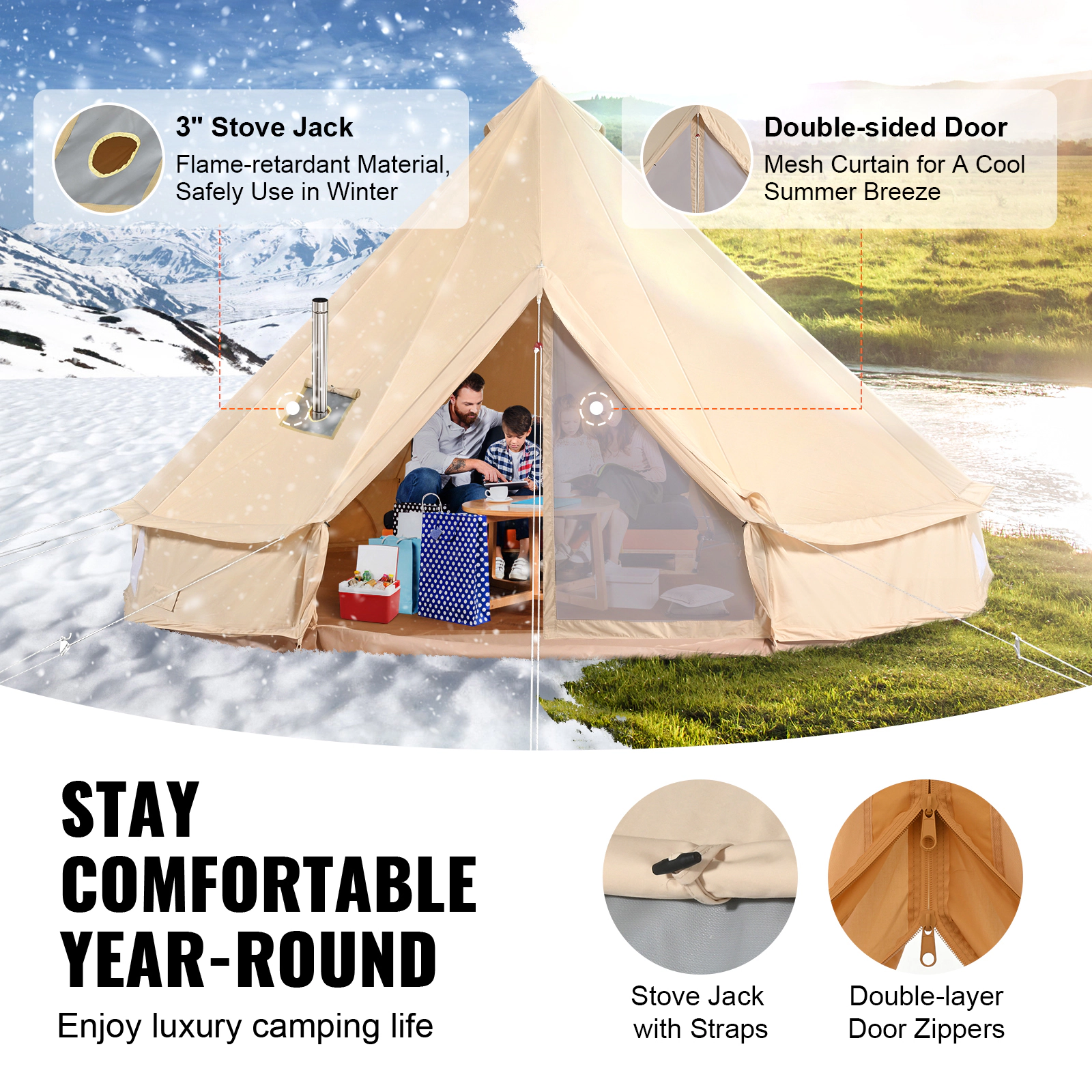 HONGGE Canvas Bell Tent 4 Seasons m/ Yurt Tent Canvas Tent for Camping with Stove Jack Breathable Tent Holds Family