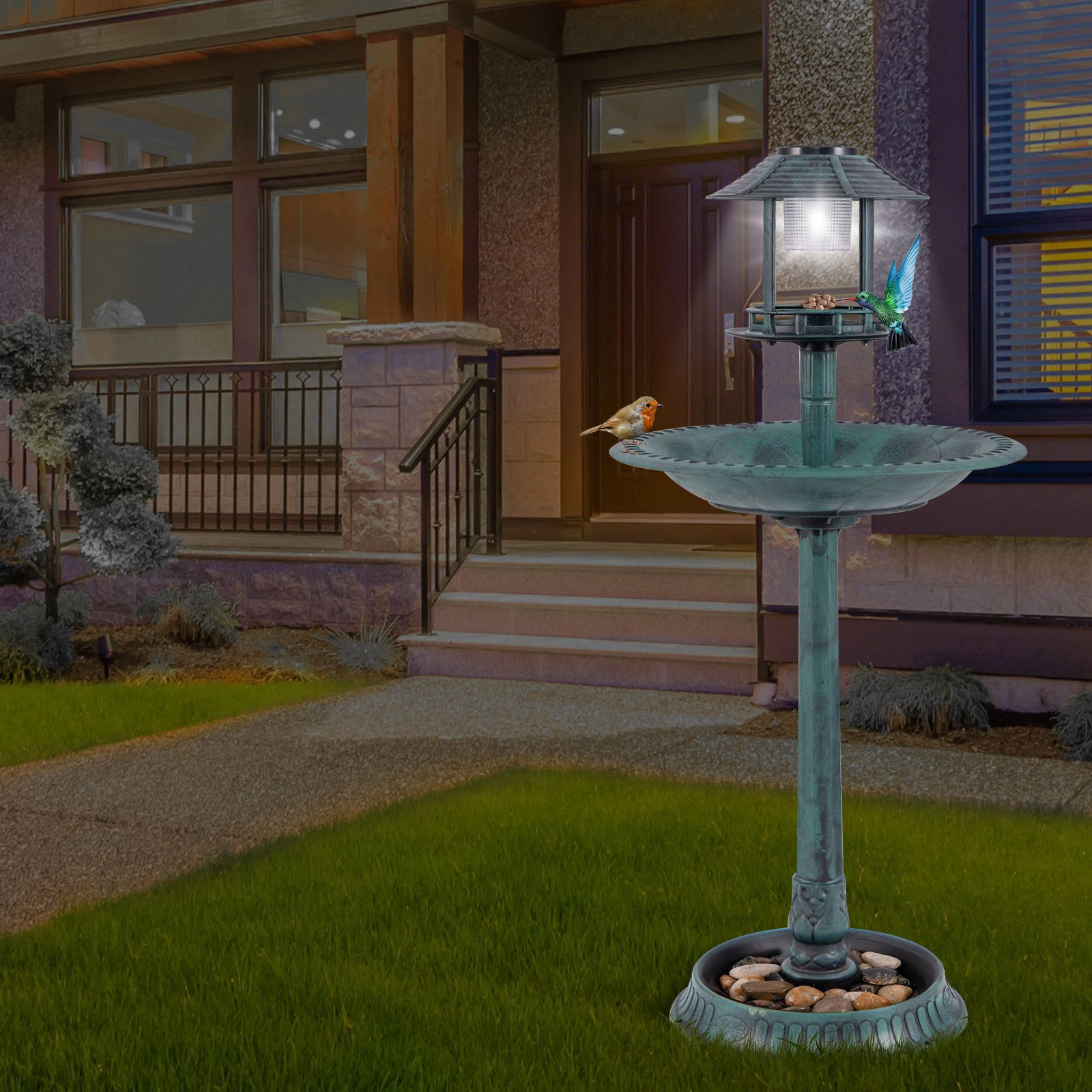 SlickBlue 3-in-1 Outdoor Bird Bath with LED Light, Flower Planter and Seed Bowl