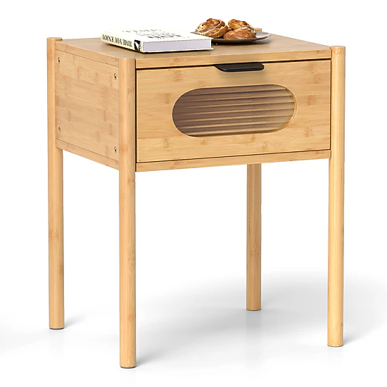 Glintex Tall Bamboo Nightstand with Reeded Tempered Glass Drawer Front, Natural