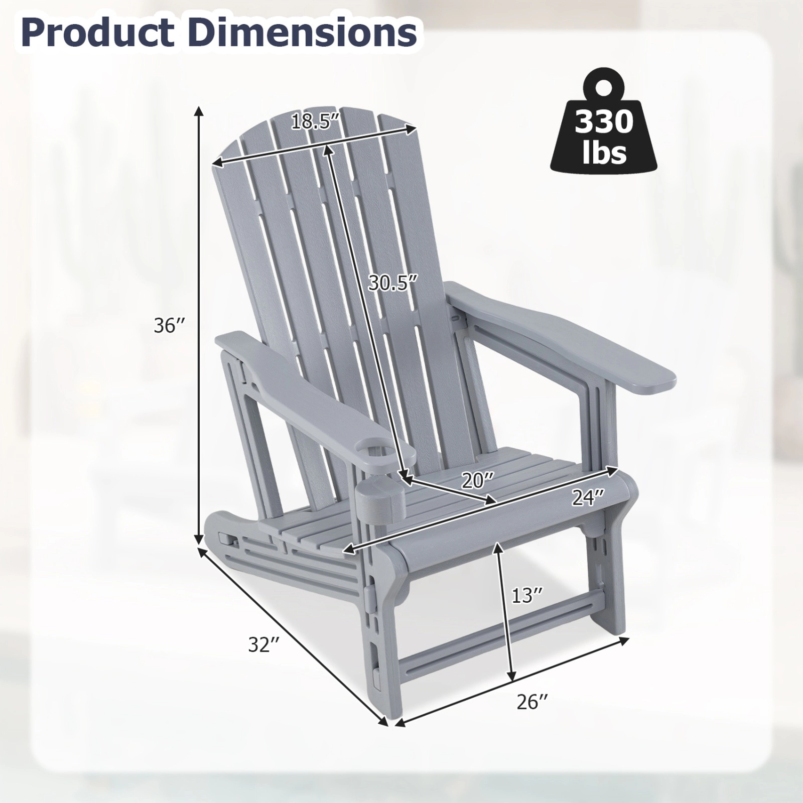 SUGIFT Set of 2 HDPE Adirondack Chairs with Cup Holder 330-lb Capacity 13-in Seat Height Blue Black Gray