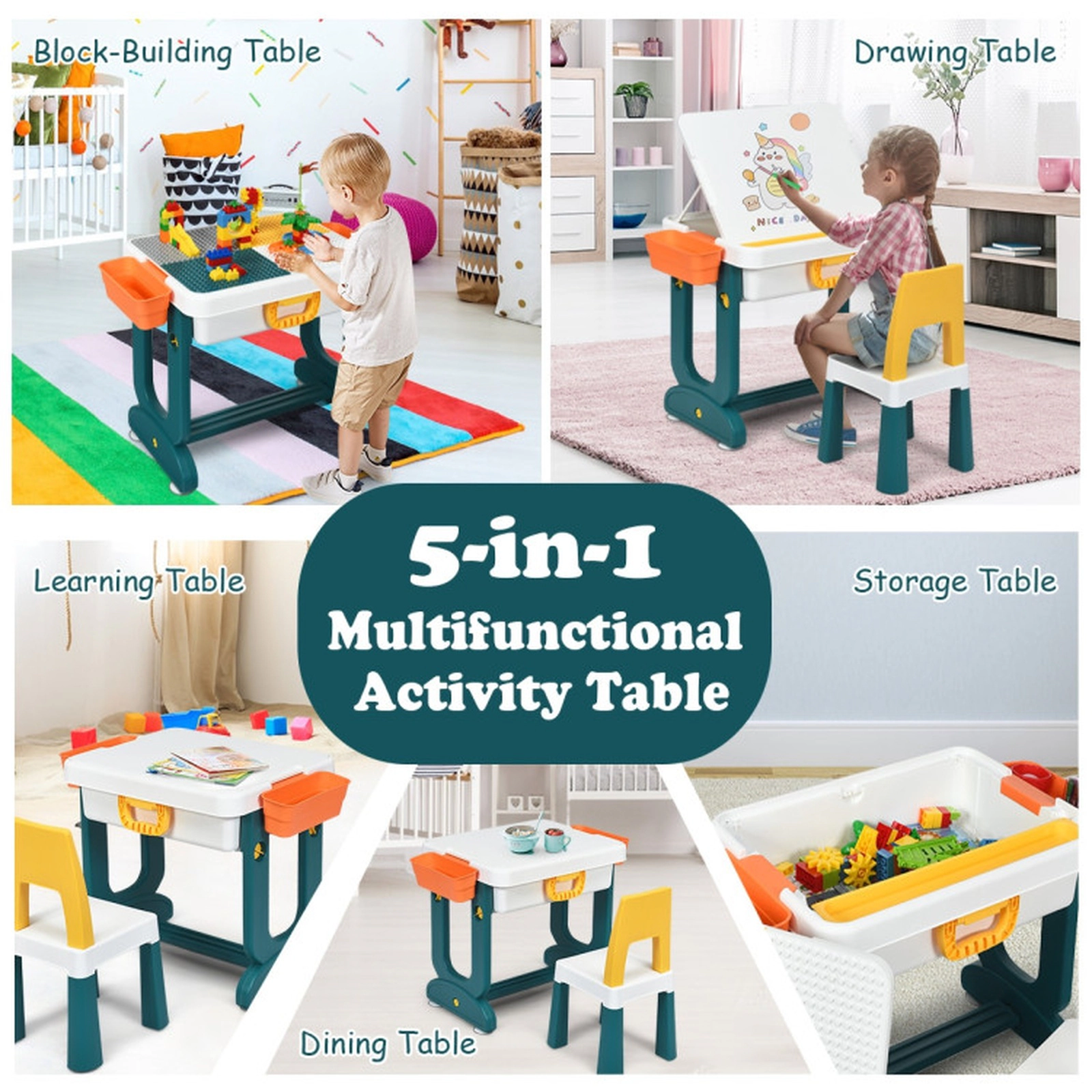 SUGIFT 5-in-1 Kids Activity Table and Chair Set with Double-Sided Top 220-lb Capacity Ages Over 3 As Shown PP PE ABS