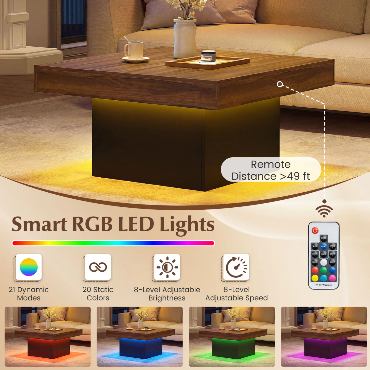 SUGIFT 35.5-in 165-lb Capacity Square LED Accent Coffee Table with 21 Dynamic Modes and 20 Static Colors