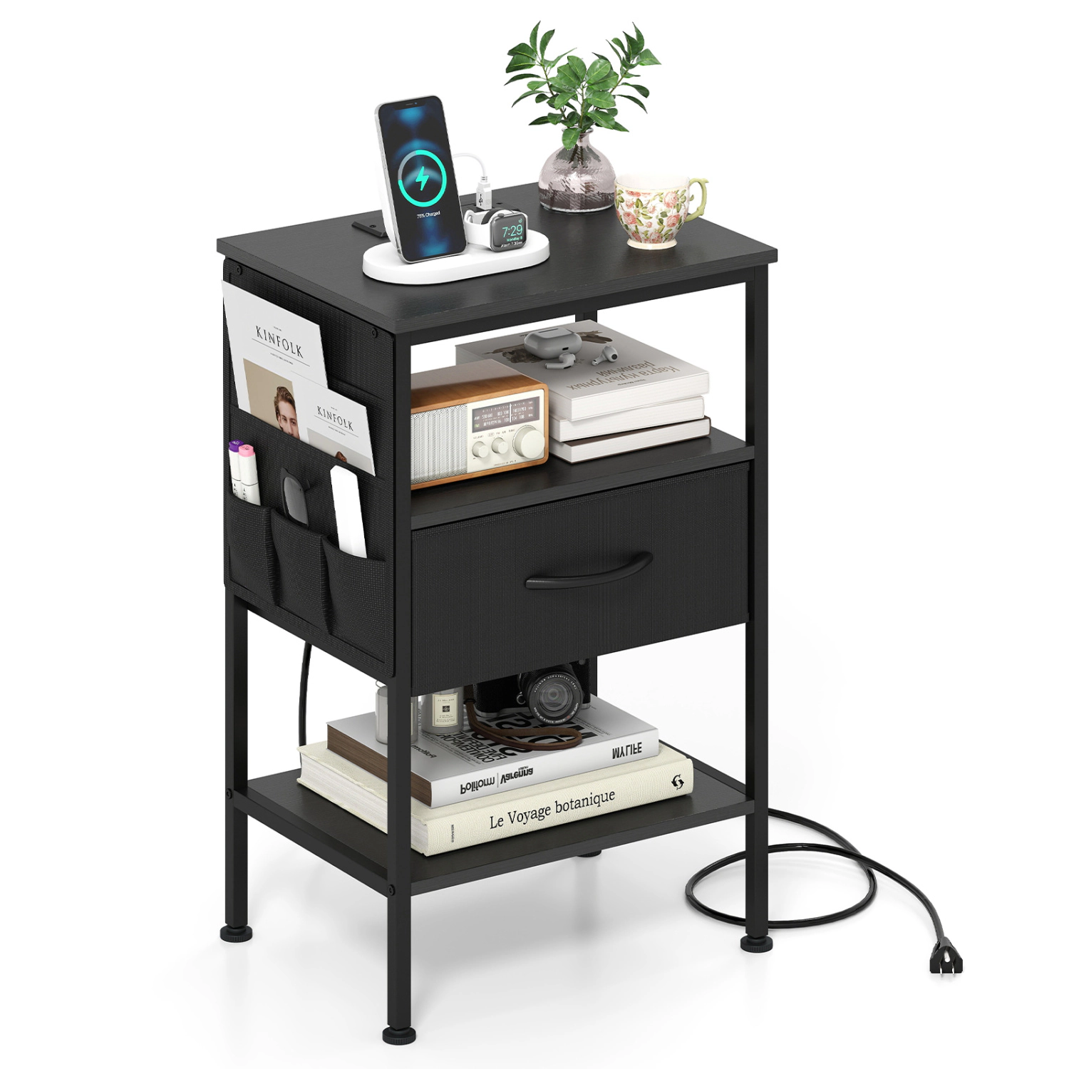 Glintex 24.5-Inch Nightstand with Charging Station Side Pocket and Fabric Drawer