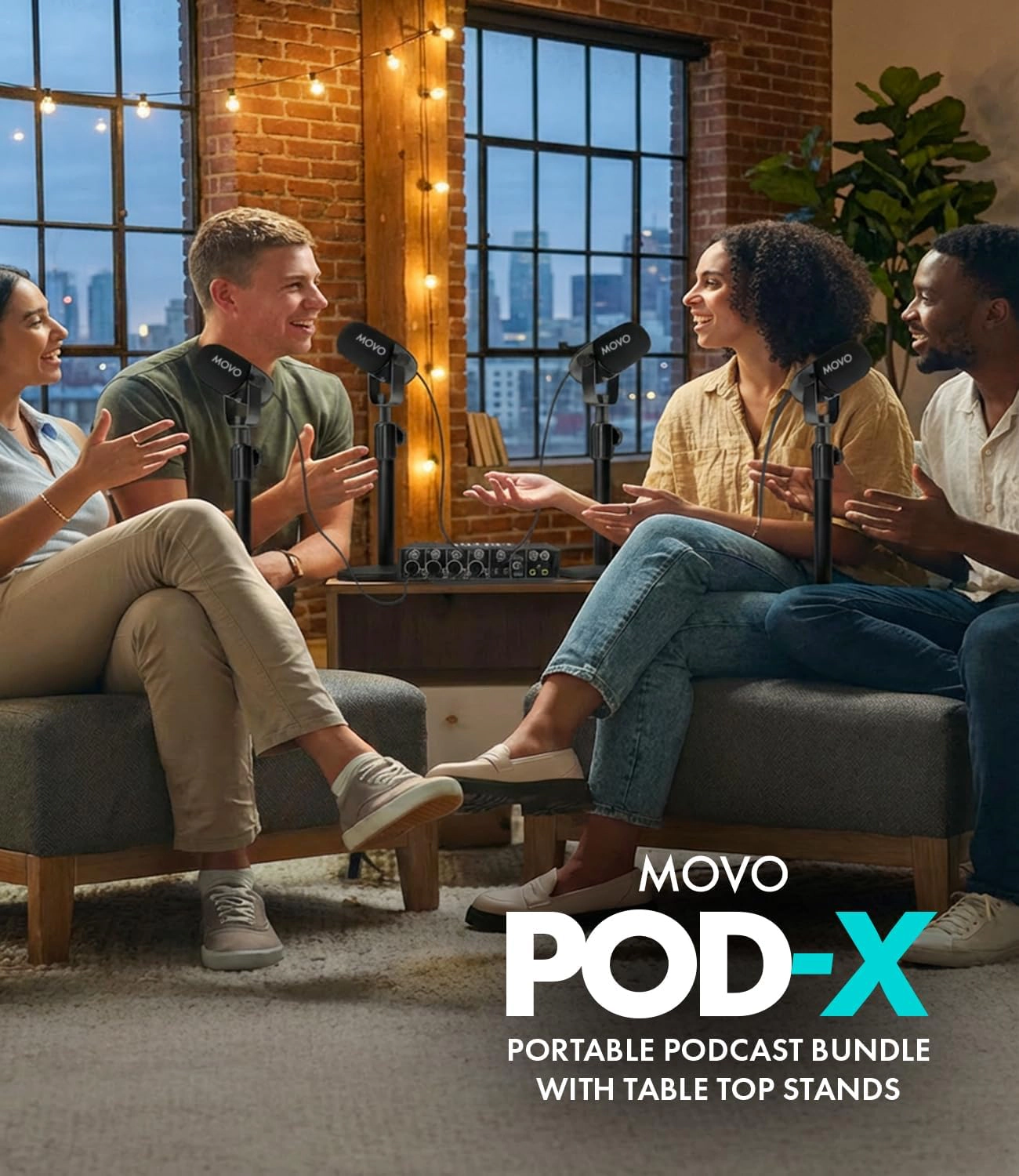 Movo Four Person Podcast Bundle with 4 Channel USB Audio Interface 4 CastMic Microphones and 4 Tabletop Stands