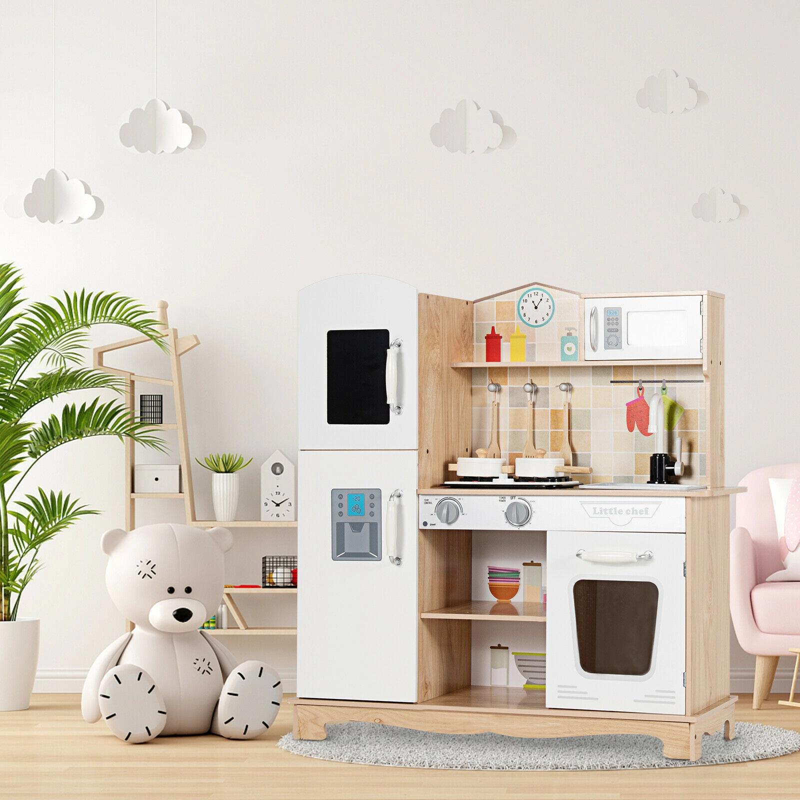 Wooden Play Kitchen Set for Kids Ages 3-7 with Rotating Faucet Oven Microwave and 5-pc Cookware 32-in x 11.5-in x 35-in