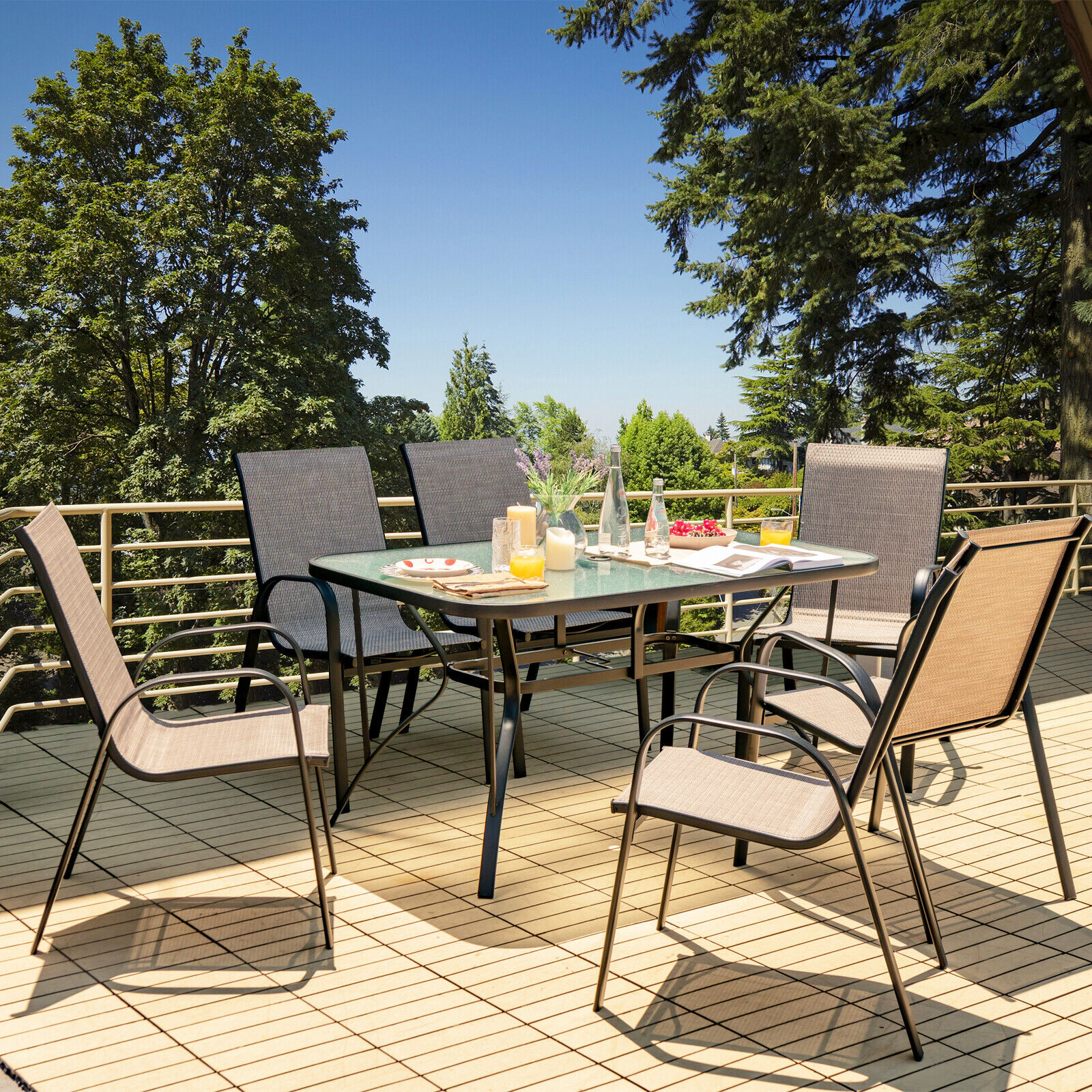 LJG 6 Pieces Patio Stackable Dining Chairs with Curved Armrests and Breathable Fabric