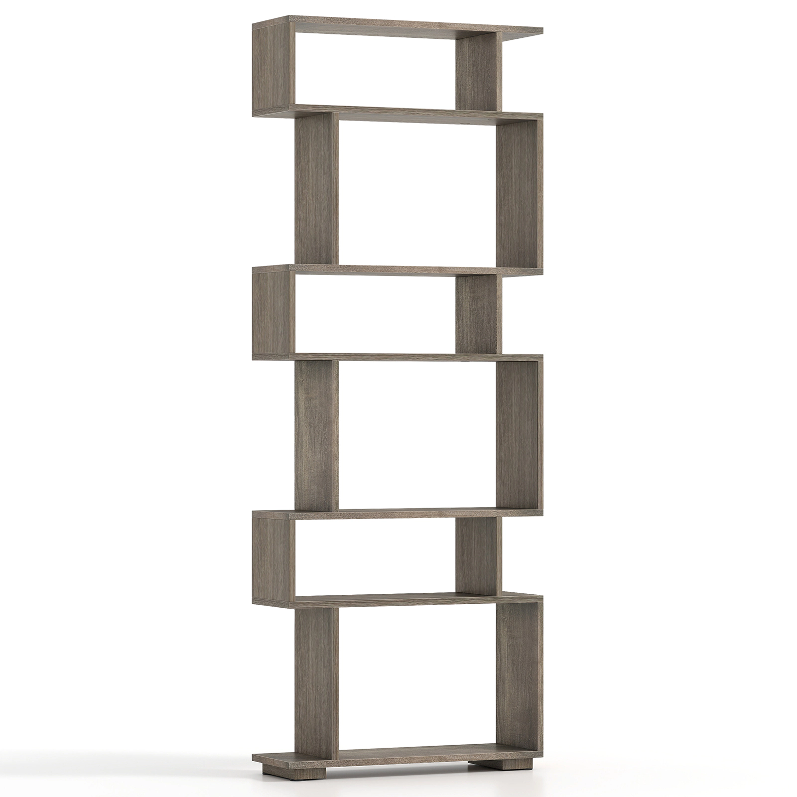 SUGIFT 6-Tier Geometric Bookshelf 64-in Tall with 11-lb Shelf and 22-lb Bottom Capacity with 2 Anti-Tipping Kits Oak