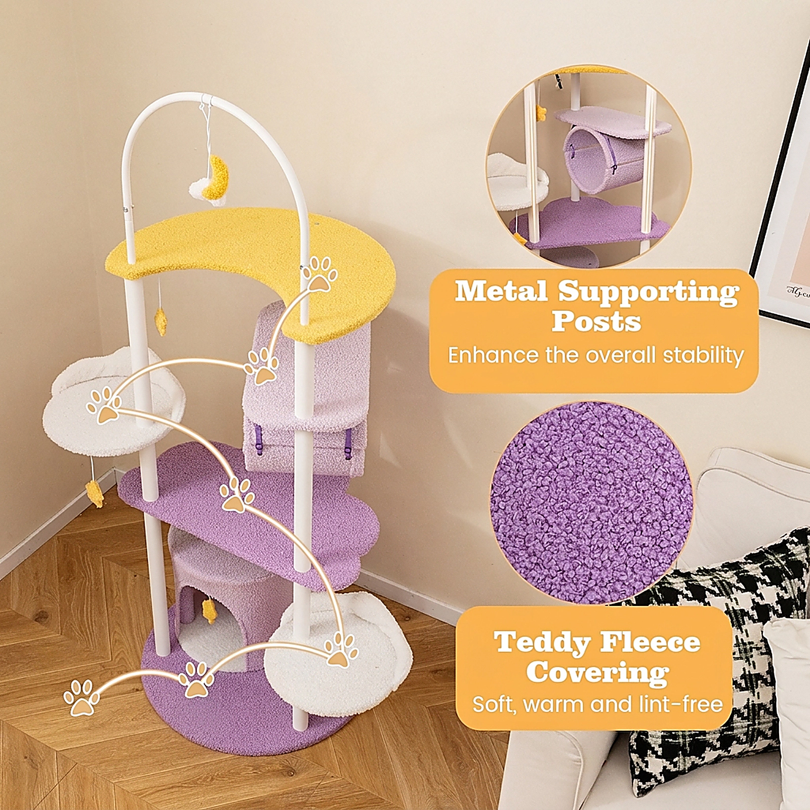 SUGIFT Purple 62 in Large Cat Tower with Metal Frame and Moon-Shaped Platform