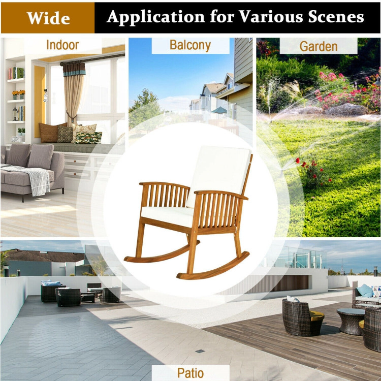 Hivvago Outdoor Acacia Wood Rocking Chair with Detachable Washable Cushions