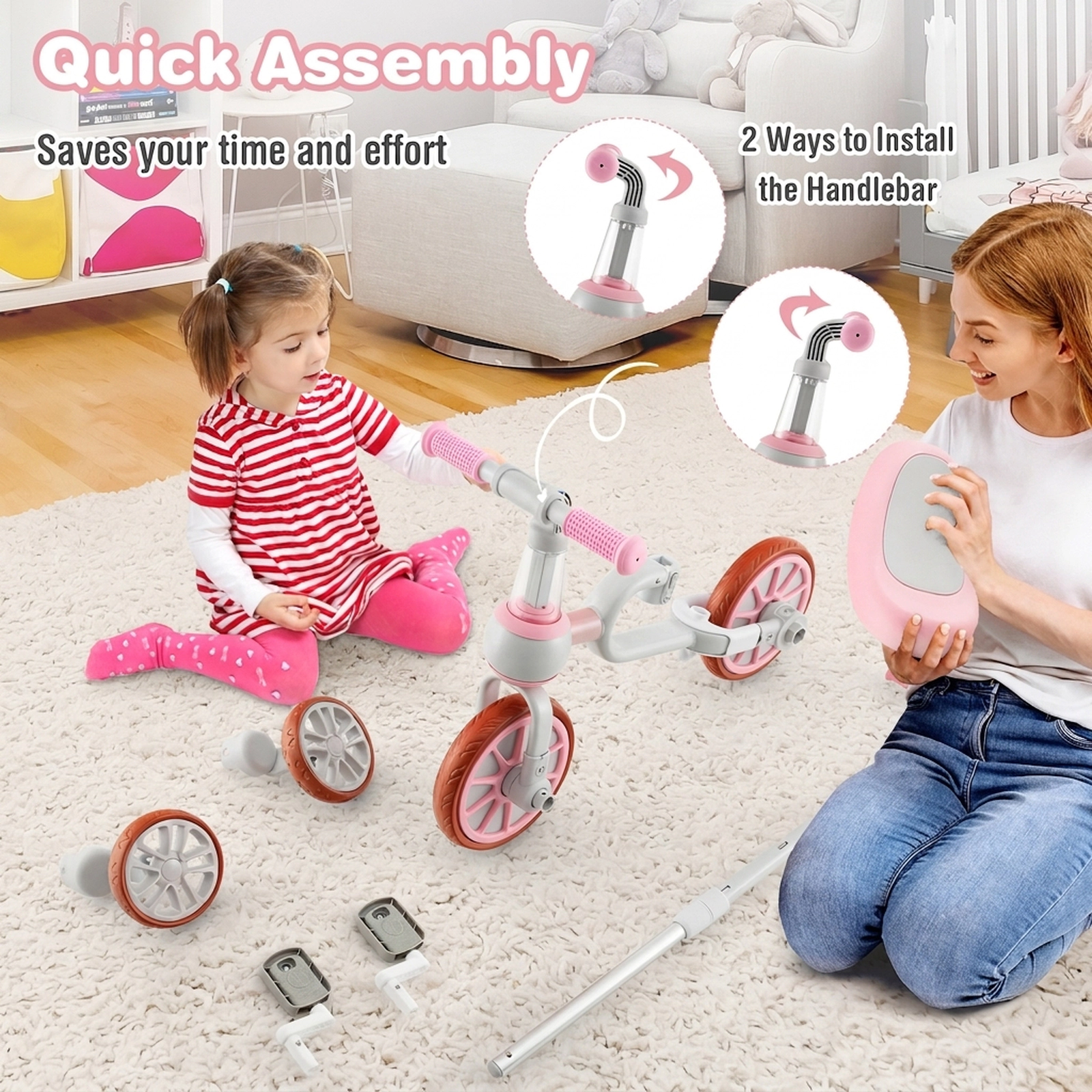 4-in-1 Kids Trike 4-Level Parent Push Handle Detachable Pedals and Training Wheels for Ages 2-4 Toddler Balance Bike