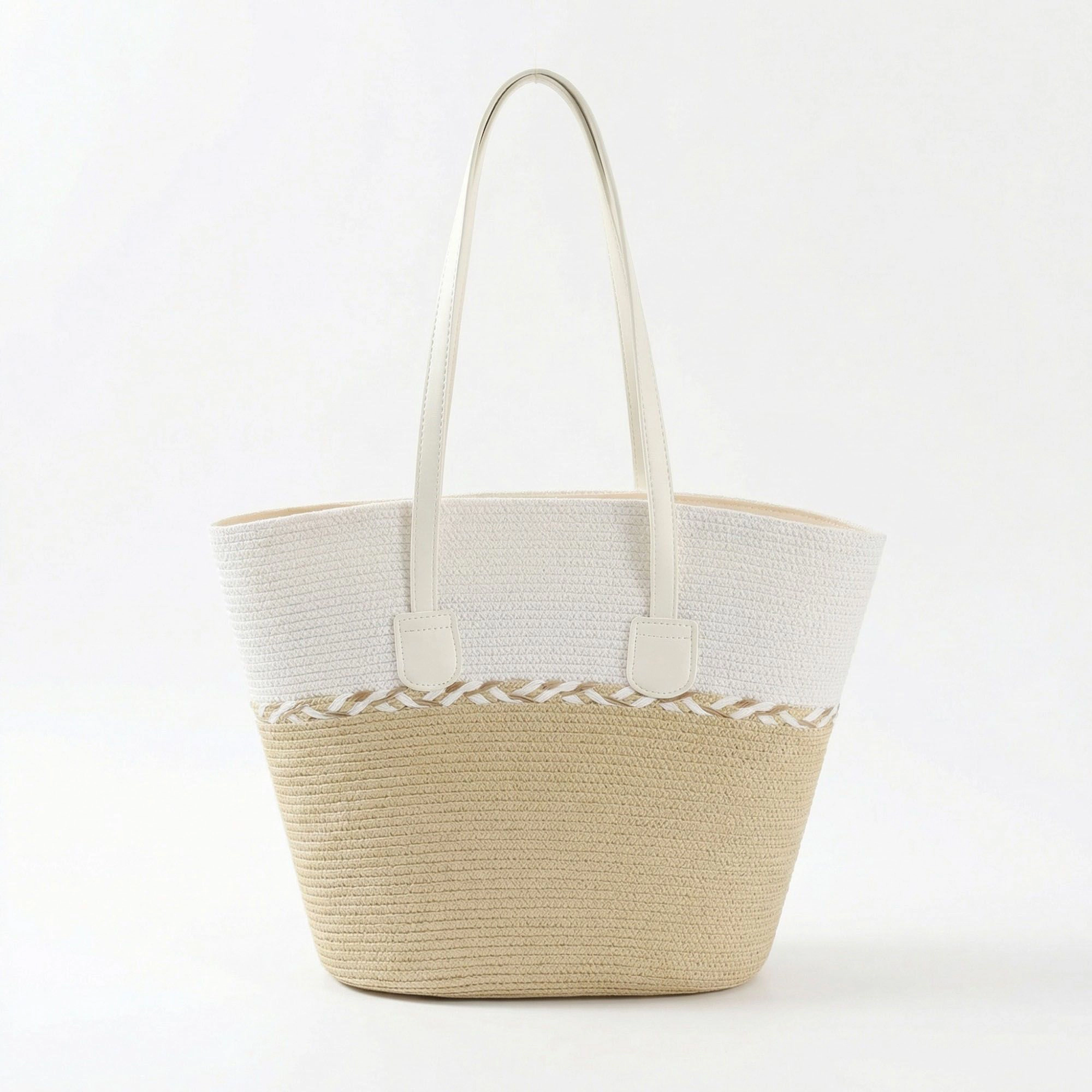 Alilang Women's Woven Straw Tote Bag with Color Block Design Braided Trim Detail and Dual Shoulder Straps