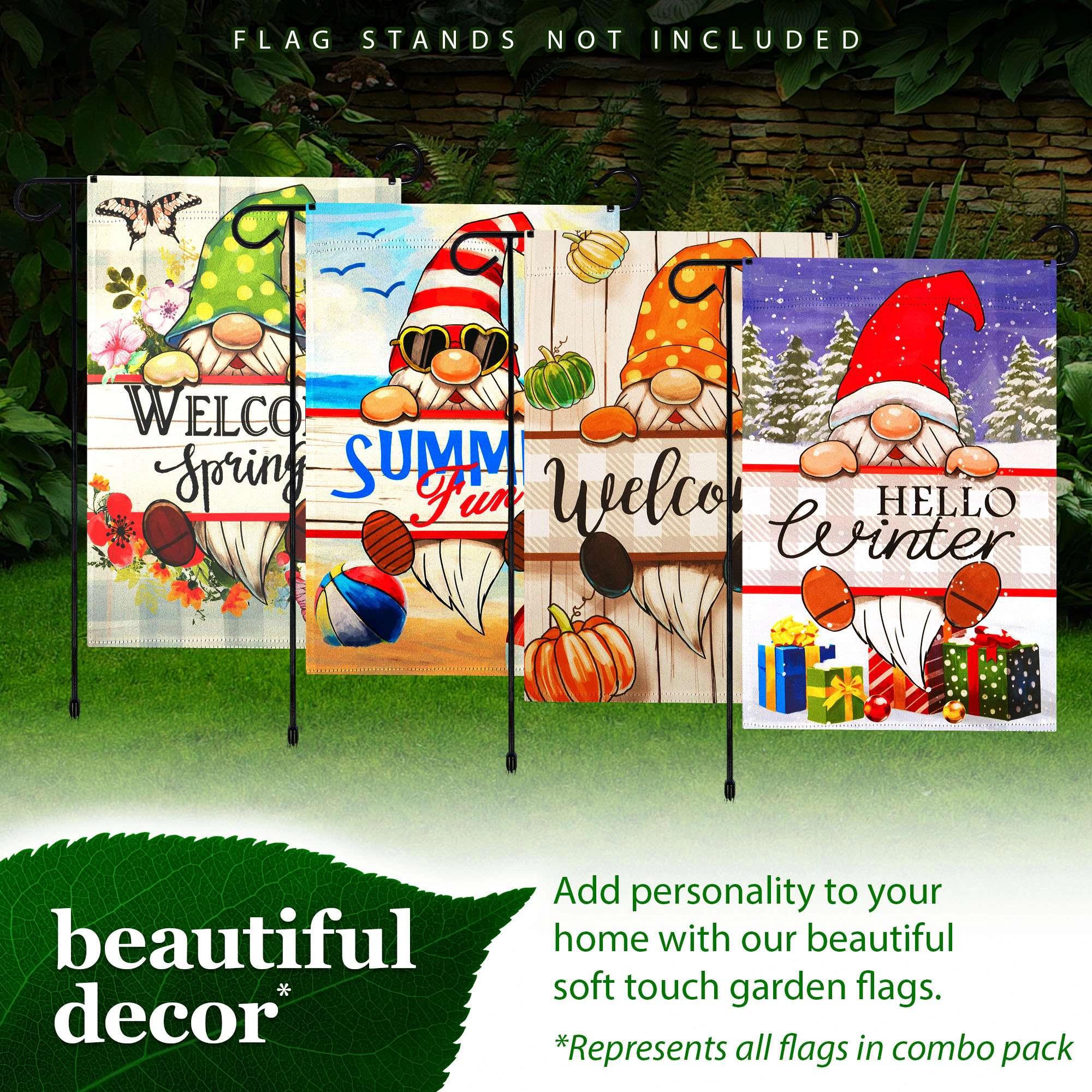 G128 Whimsical Gnome Garden Flag Set 4-Pack - Double-Sided 12x18 Inch Seasonal Holiday Yard Decorations