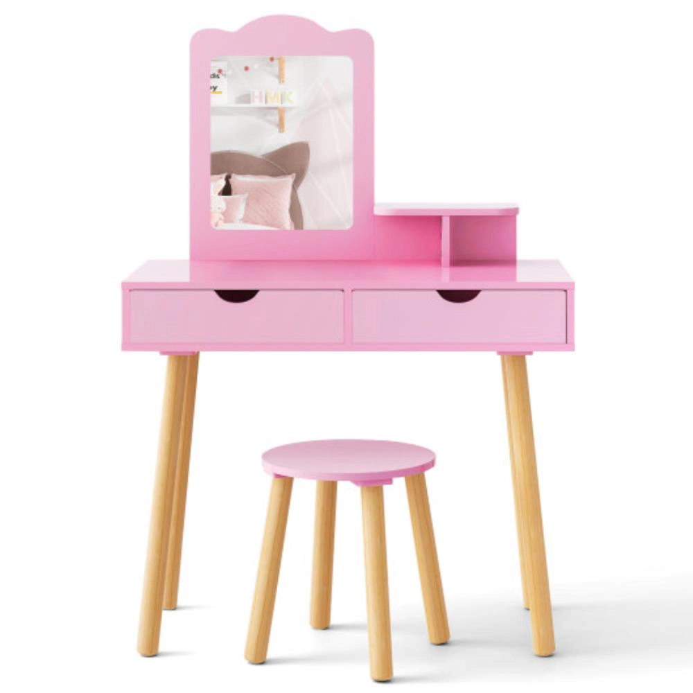 Hivvago Kid Vanity Table Chair Set With Mirror And 2 Large Storage Drawers