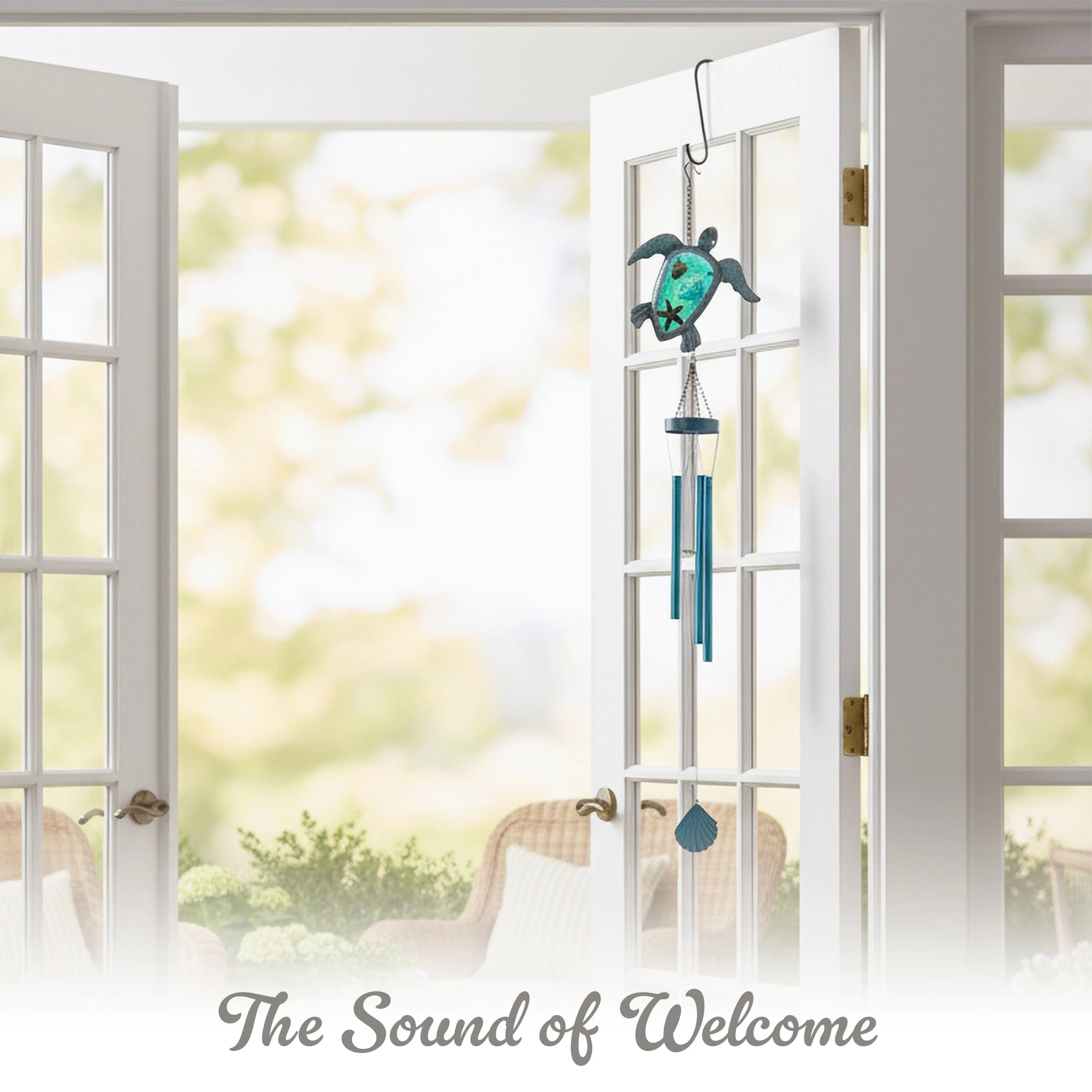G128 Sea Turtle Wind Chime for Outdoors - Coastal Copper-Green Metal Windchime for Garden Patio Porch Gifts