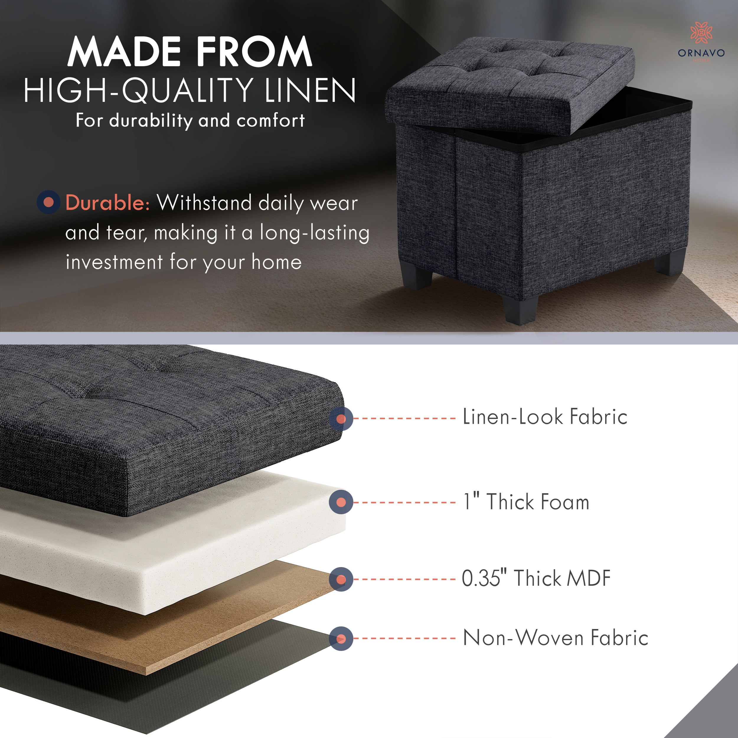 Ornavo Home Small Rectangle Storage Ottoman Foot Stool with Legs - 16" x 12"
