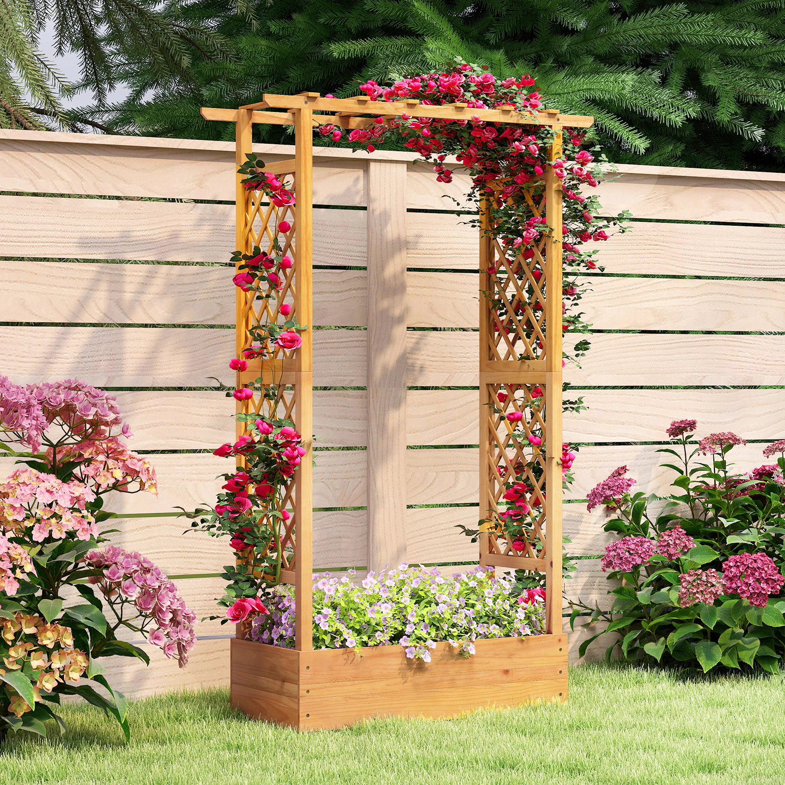 SUGIFT Natural 70-in Tall Pine Wood Raised Garden Bed with Flat Roof and 2 Side Trellises 43-in W 16.5-in D