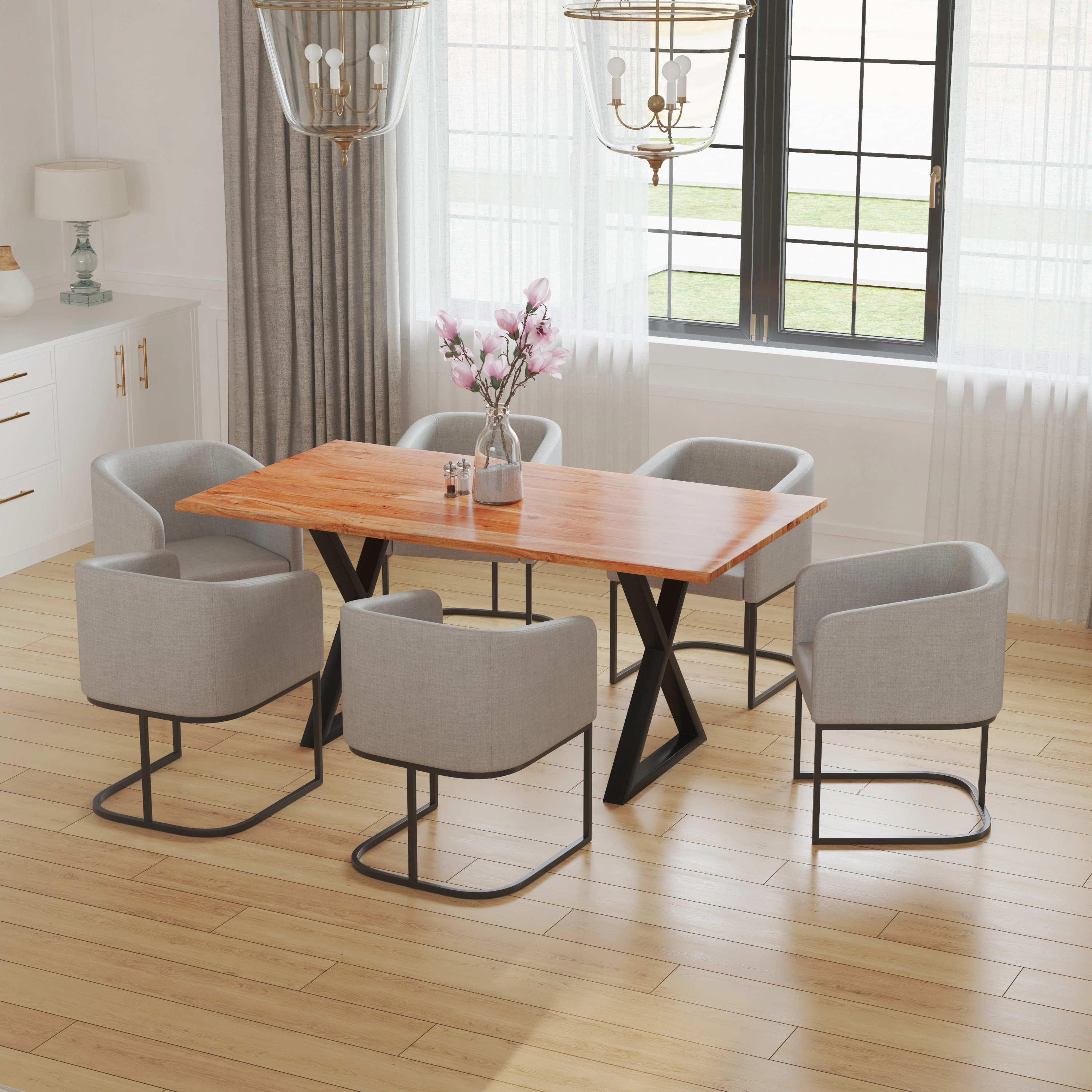 The Urban Port 67 Inch Rectangular Dining Table with Crossed Black Metal Legs and Faux Live Edge Acacia Wood Top