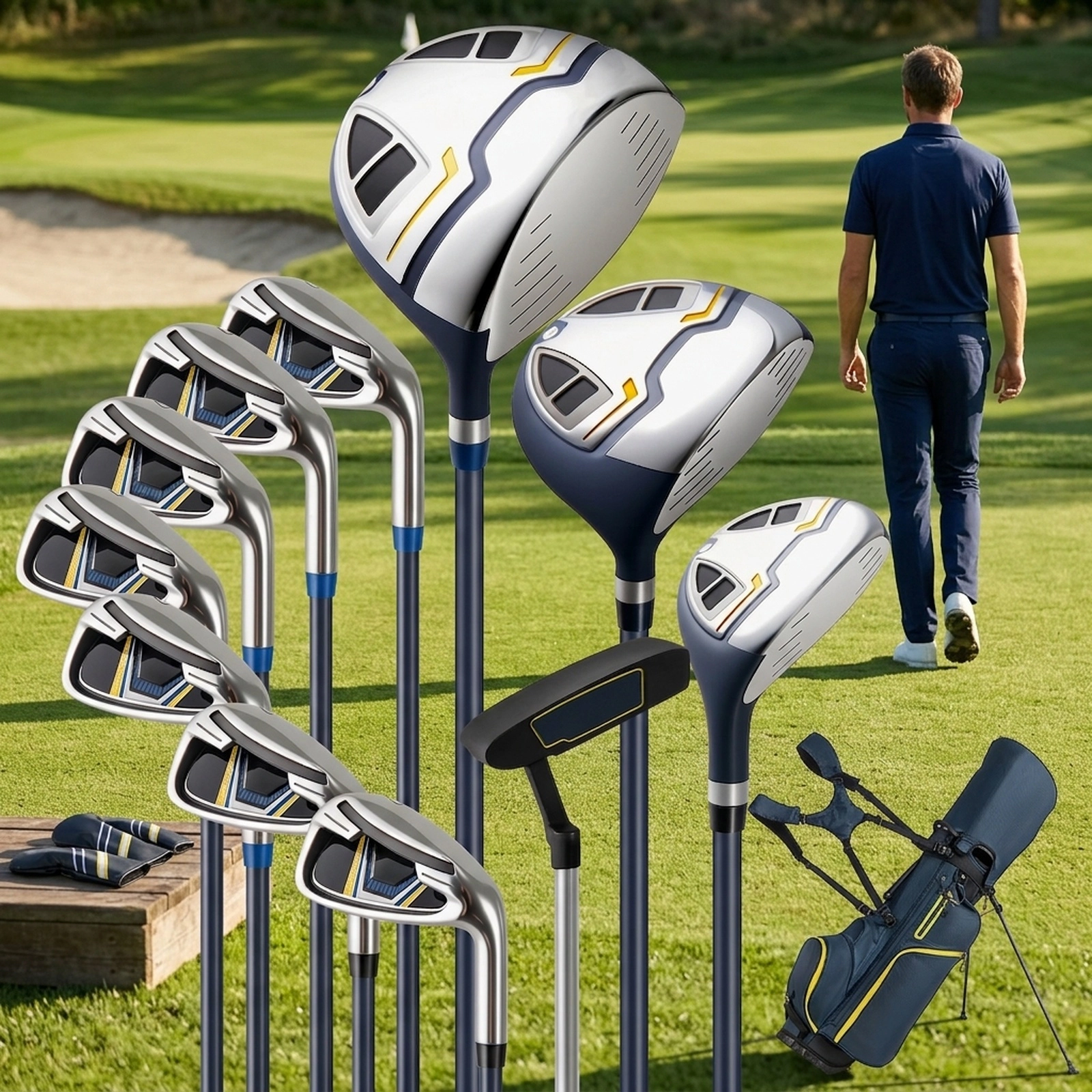 11-pc Mens Complete Golf Clubs and Bag Set Right Handed Driver Fairway Hybrid 7 Irons Putter Headcovers Yellow