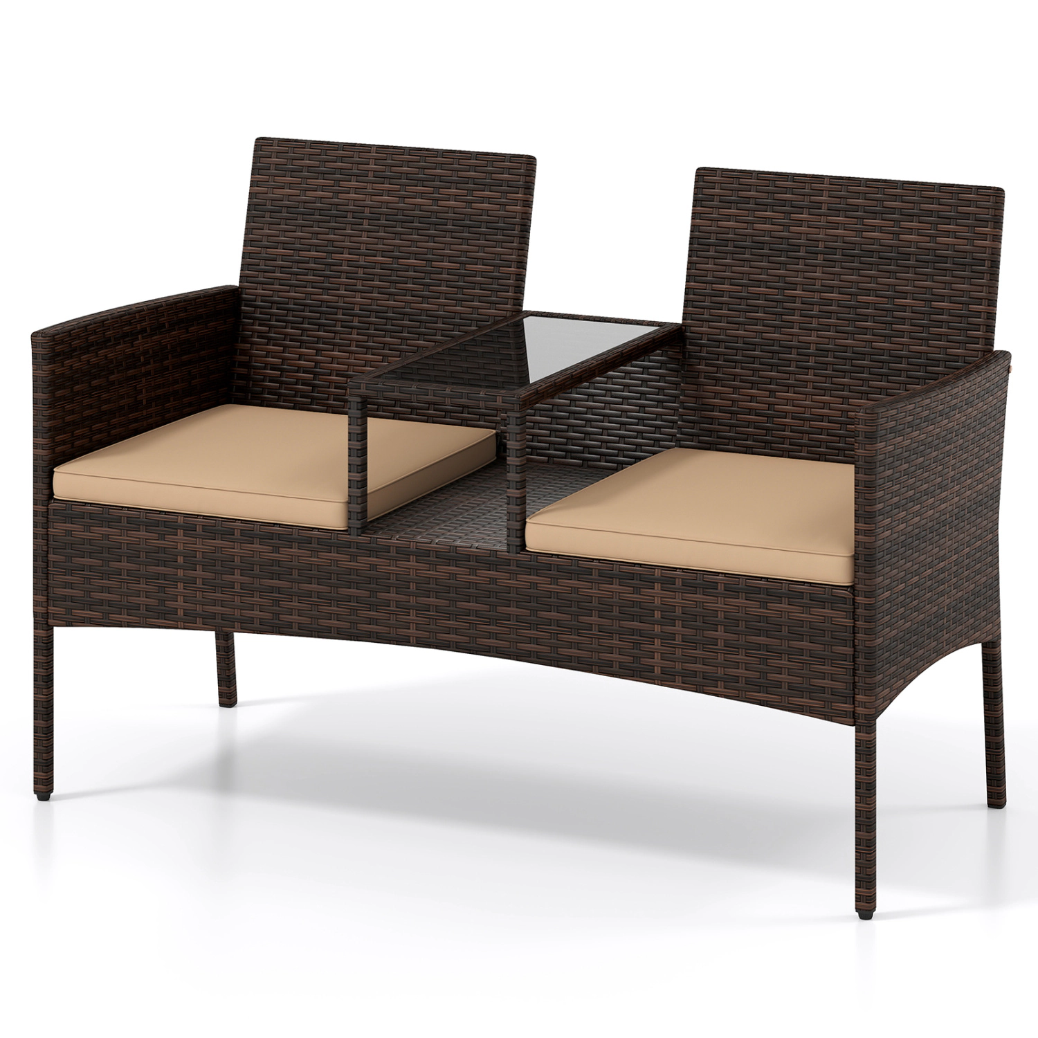 LJG Patio Loveseat Wicker 2-Seat Conversation Set with Built-in Coffee Table