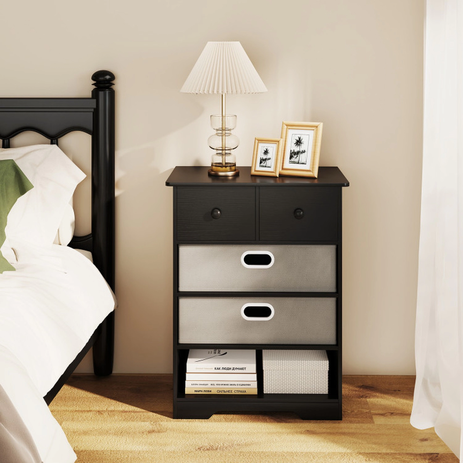 SUGIFT 4-Drawer Dresser Modern Accent Cabinet Storage Organizer with Open Shelves 100-lb Tabletop Capacity Black + Gray