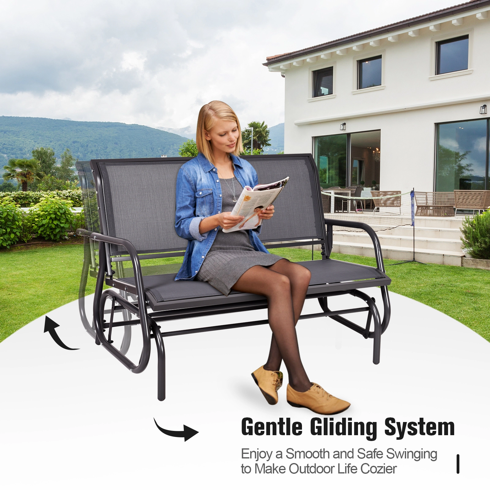 SUGIFT 48.5-in Steel Loveseat Glider Rocking Chair with 46 x 18 in Seat 400-lb Capacity Backyard Lounge Gray