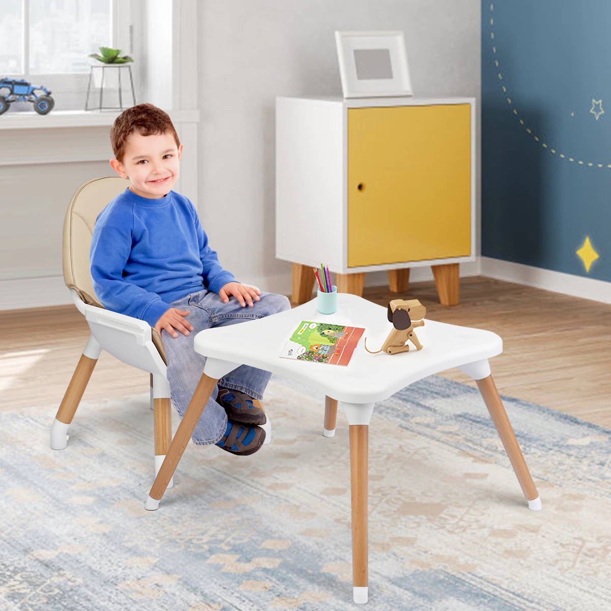 SUGIFT 5-in-1 Convertible Wooden High Chair with Table 33-lb Capacity Ages 6-36 Months Coffee/Black/Natural