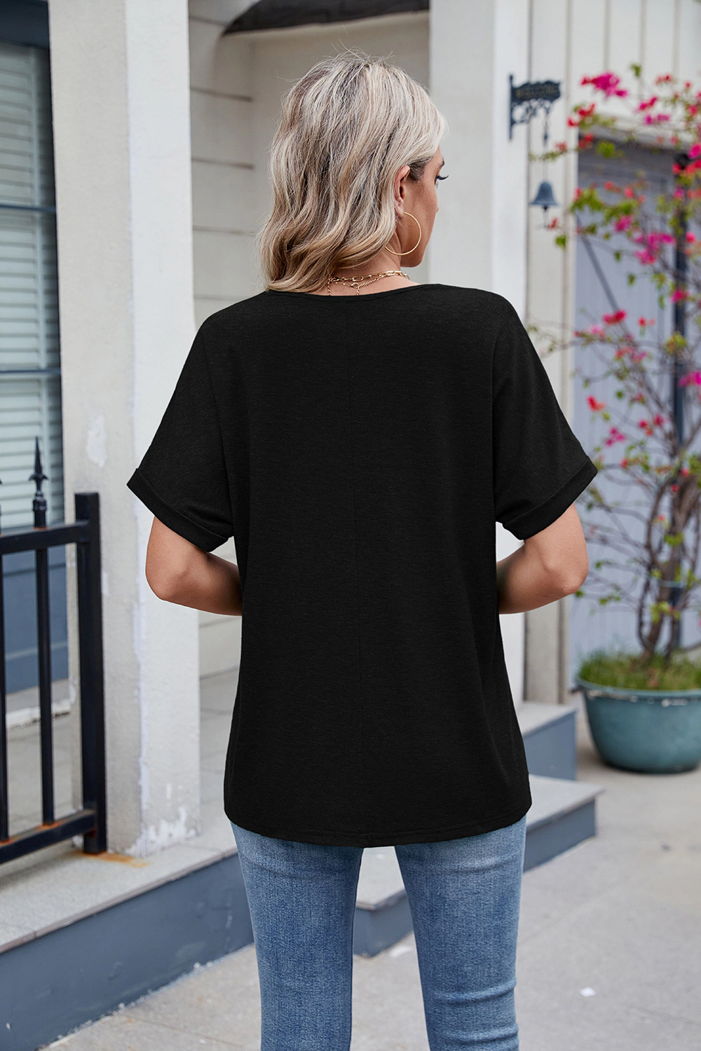 Enchanted Funland Womens V‑Neck Rolled Cuff Short Sleeve Solid T‑Shirt Tops
