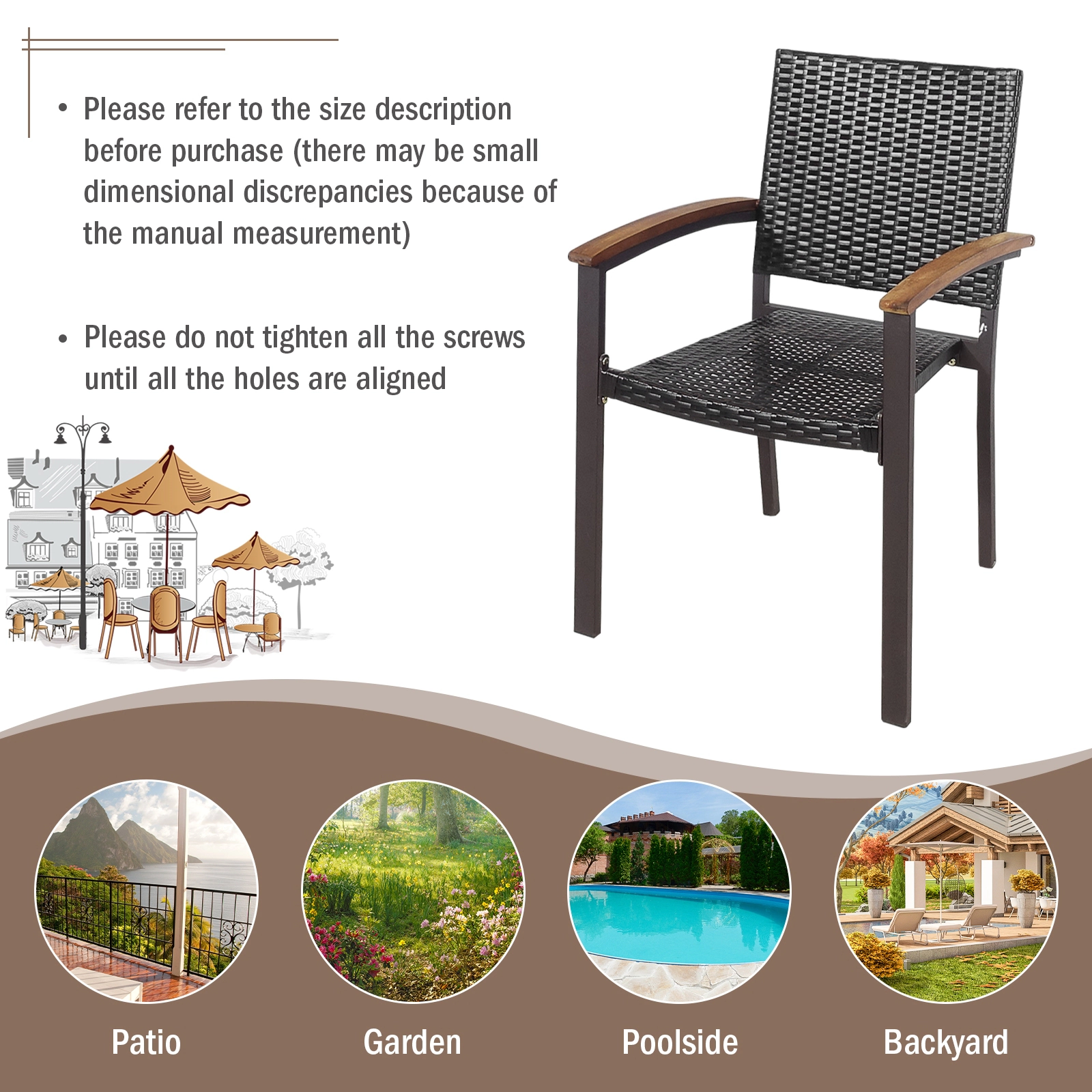 SUGIFT Outdoor Patio Dining Armchairs Set of 2, Stackable PE Rattan Wicker, Acacia Wood Arms