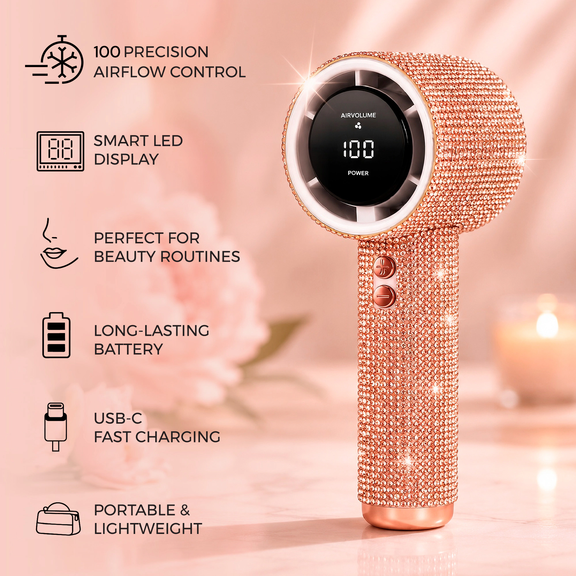 Pursonic Rechargeable Makeup & Skincare Fan with 100-Speed Digital Control