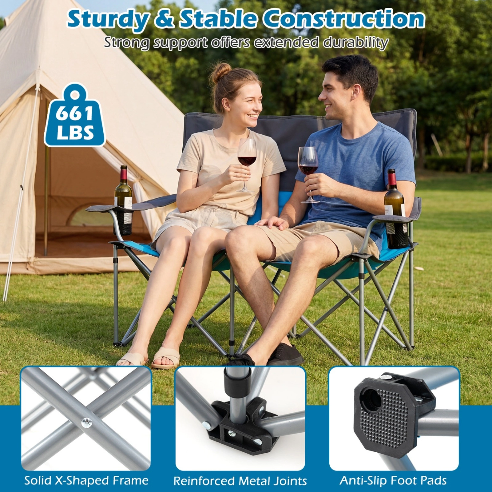 SUGIFT Blue 2-Person Camping Chair with Cup Holders and Carry Bag 40-in W 20.5-in D 36.5-in H 660-lb Seat Capacity