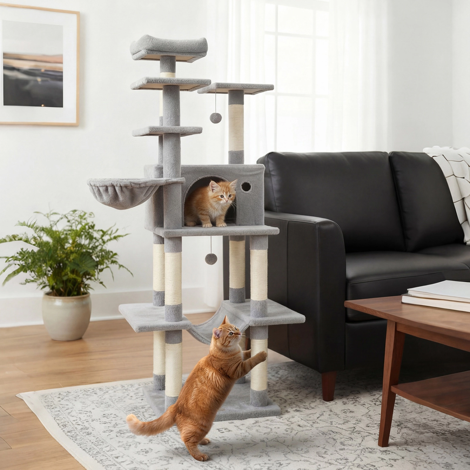 SUGIFT 63-in Light Gray Large Cat Tree for Indoor Cats with Hammock Rotating Basket Bed and Anti-Tip Kit