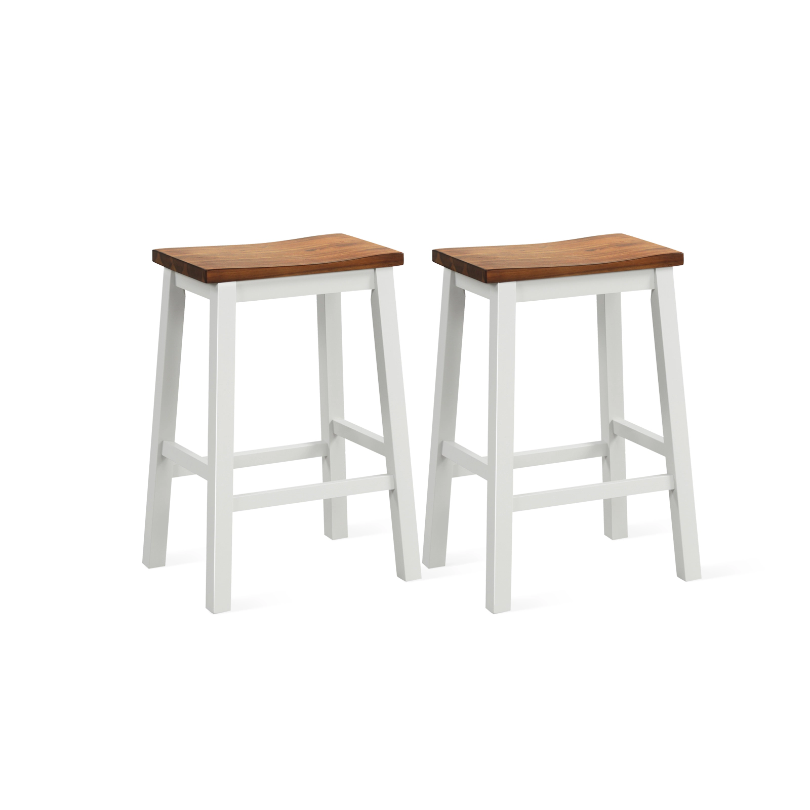 SUGIFT 24.5-in High Set of 2 Wooden Saddle Bar Stools with Footrests 350-lb Capacity for 35-39-in Tables Gray+Walnut