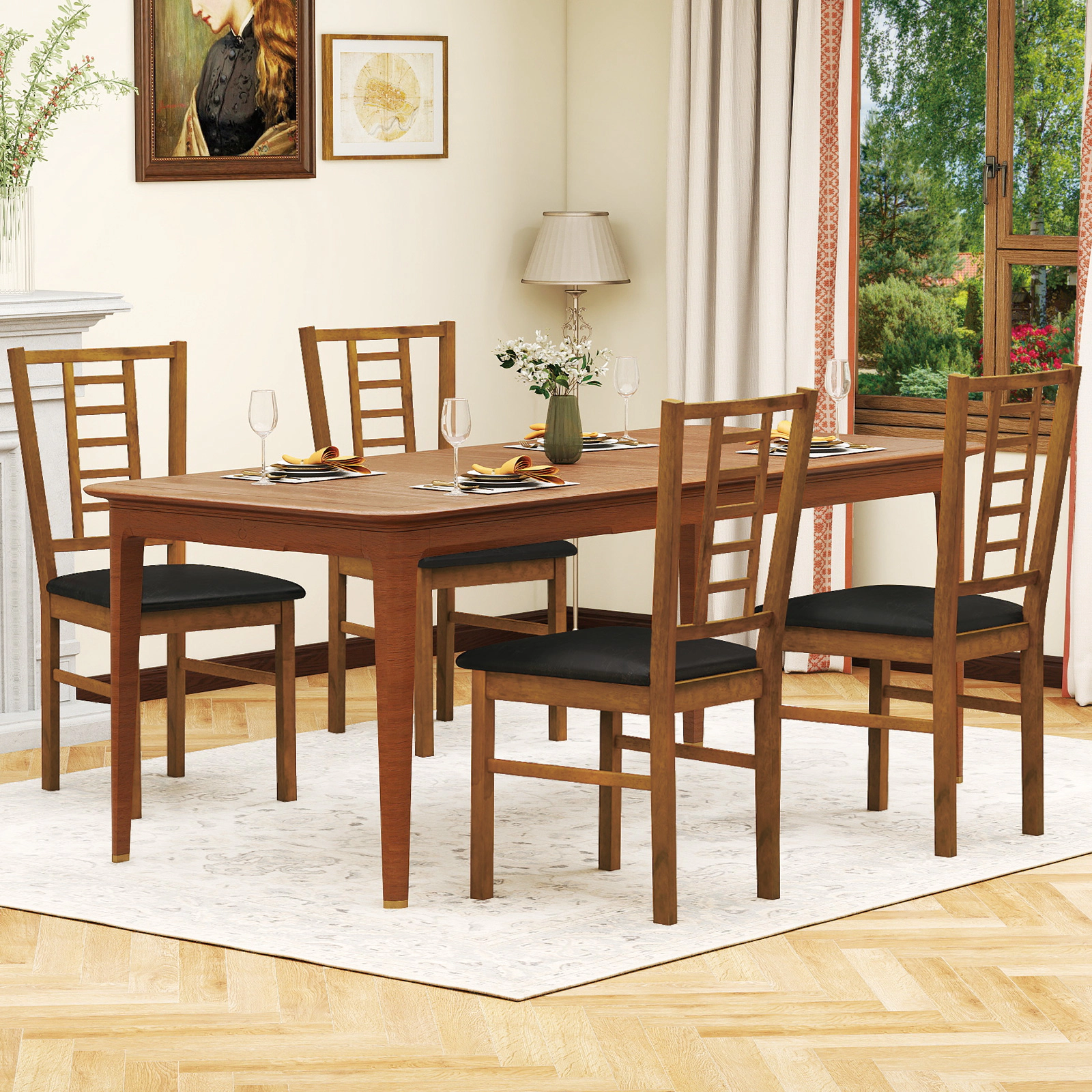 SUGIFT PU Leather Upholstered Wood Dining Chairs Set of 4 330-Lb Capacity 35-in High Walnut Frame Black Seat