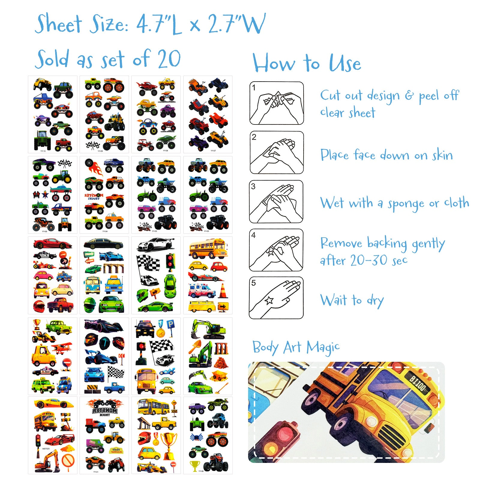 Wrapables Waterproof Temporary Tattoos for Children, 20 Sheets, Vehicles