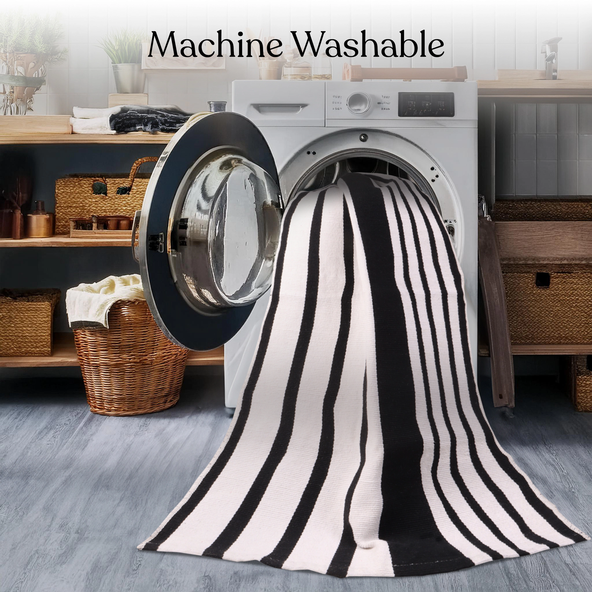 A1 Home Collections 24 x 51 Hand Woven Black and White Striped Cotton Layering Rug, Machine Washable
