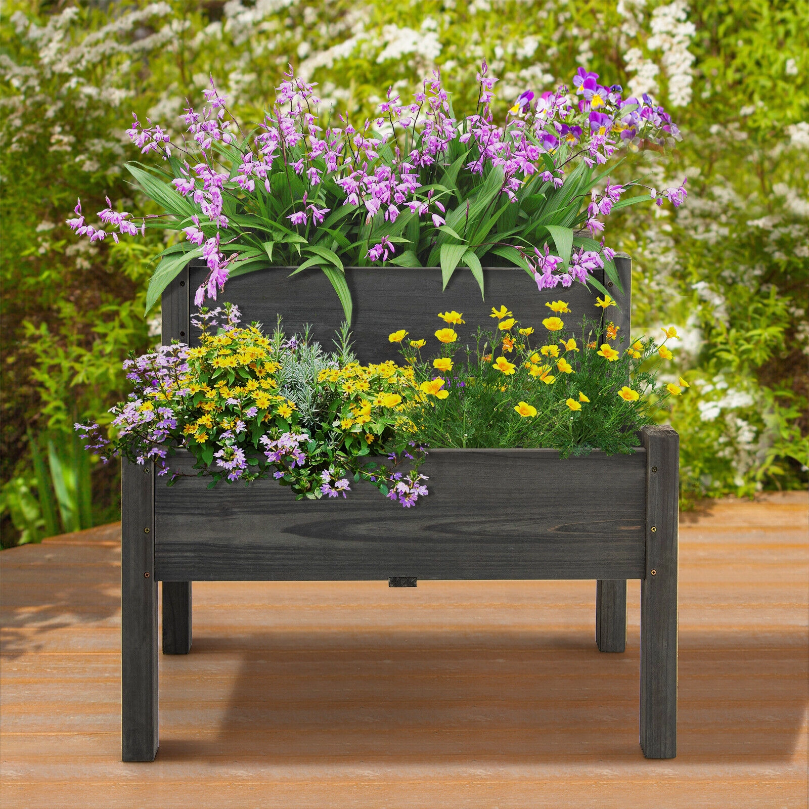 SUGIFT 2 Tier Fir Wood Outdoor Planter Raised Garden Bed with Legs 110-lb Capacity per Tier Gray